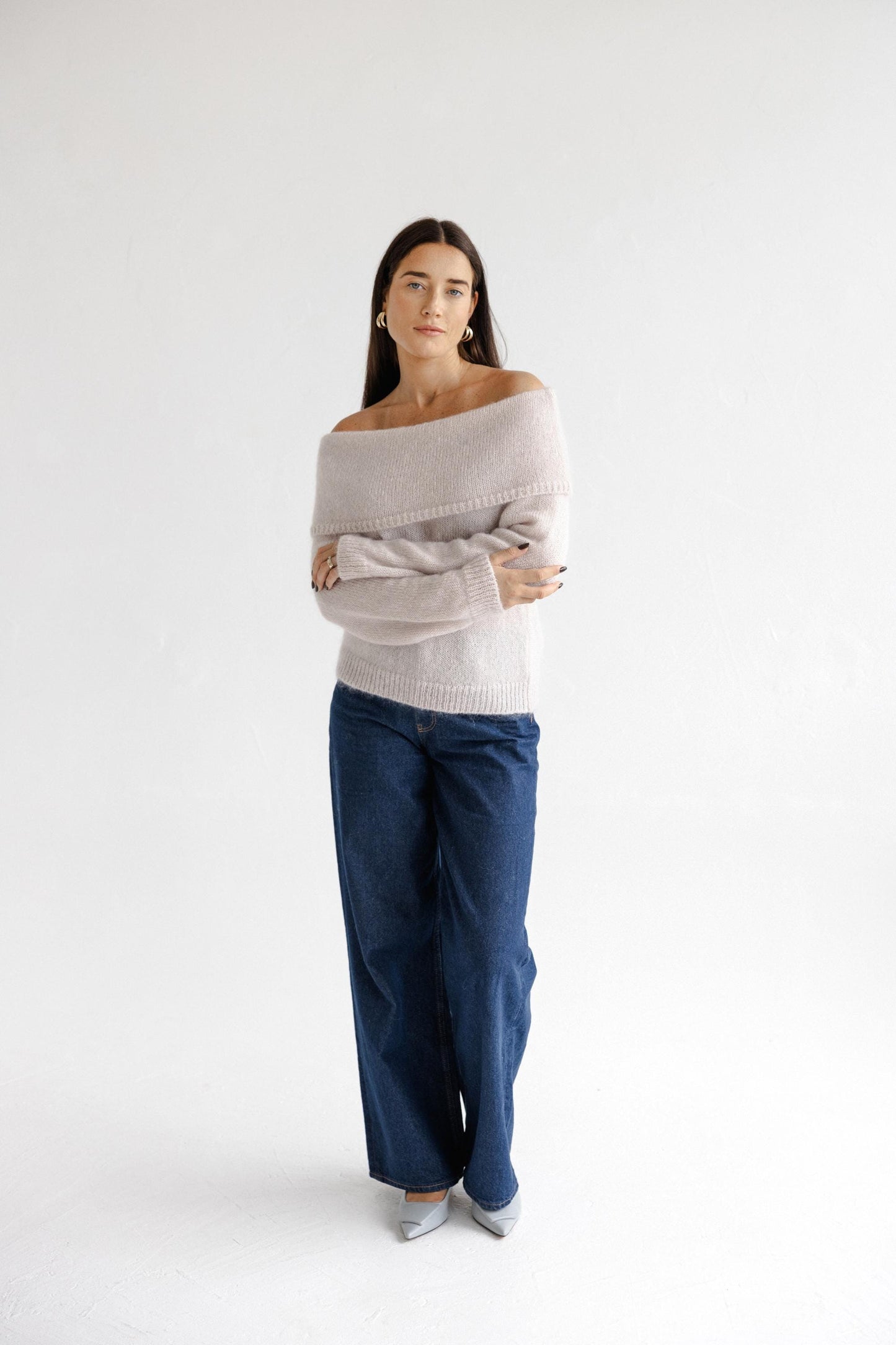 Pink Cable Knit Off-Shoulder Sweater Slouchy Fold-Over Bardot Jumper, Fluffy Mohair Wool Pullover, Pastel Chunky Fuzzy Knit for Women