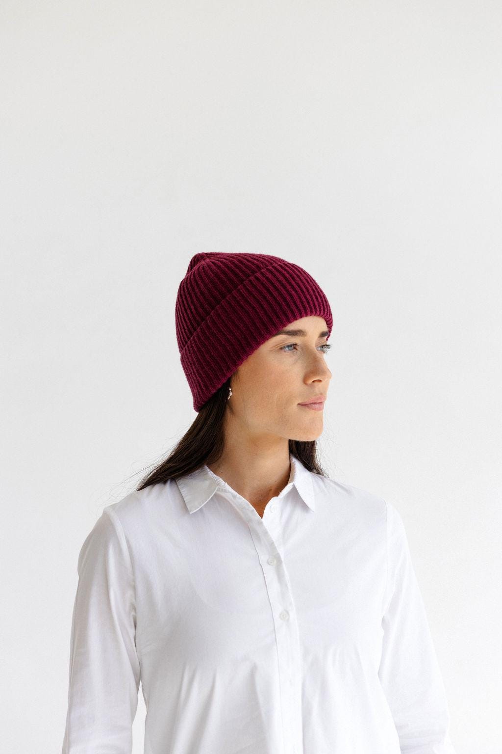 Bordeaux Ribbed Knit Merino Wool Women's Fall Winter Hat