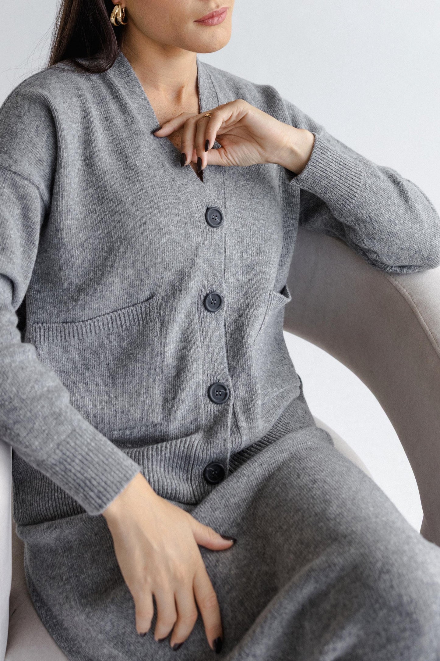 Gray Wool Cardigan With Pockets And Long Skirt Set For Women