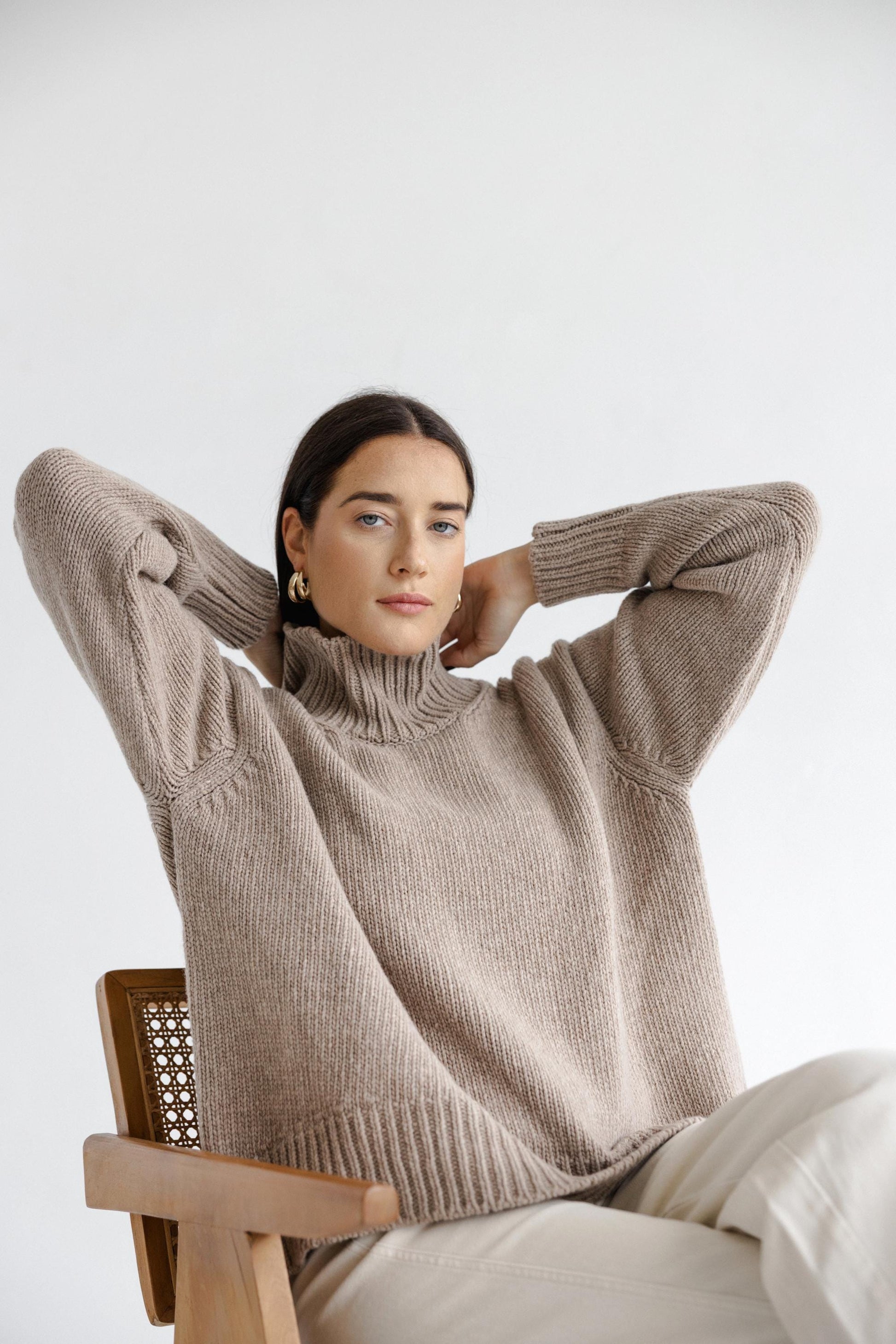 Camel Chunky Knitted Oversized Merino Wool Pullover With High Neck, Beige Cable Knit Woolen Turtleneck Sweater With Longer Back,Taupe Jumper