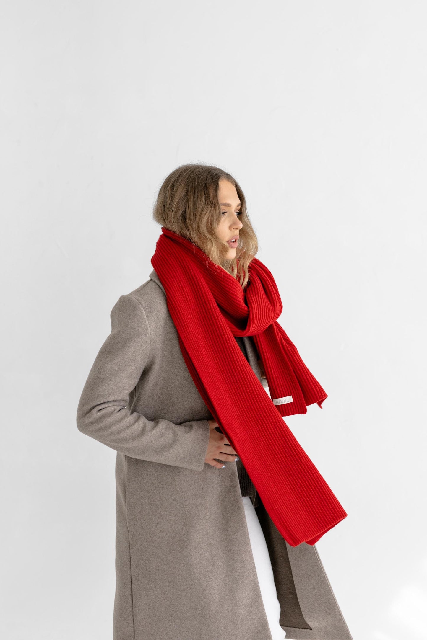 Beige Knitted Merino Wool Ribbed XXL Women's Scarf