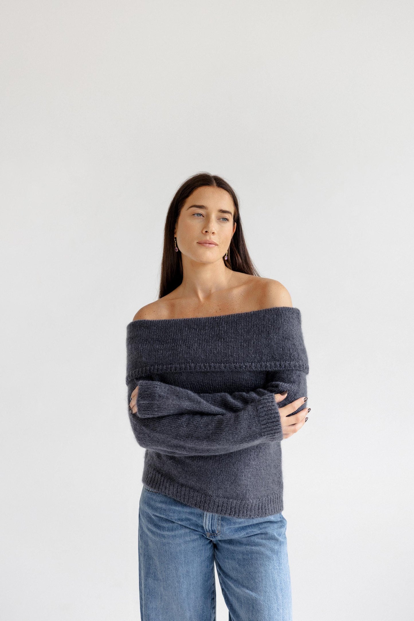 Gray Cable Knit Off-Shoulder Sweater, Slouchy Fold-Over Bardot Jumper, Fluffy Mohair Wool Pullover, Grey Chunky Fuzzy Knit for Women, Gift