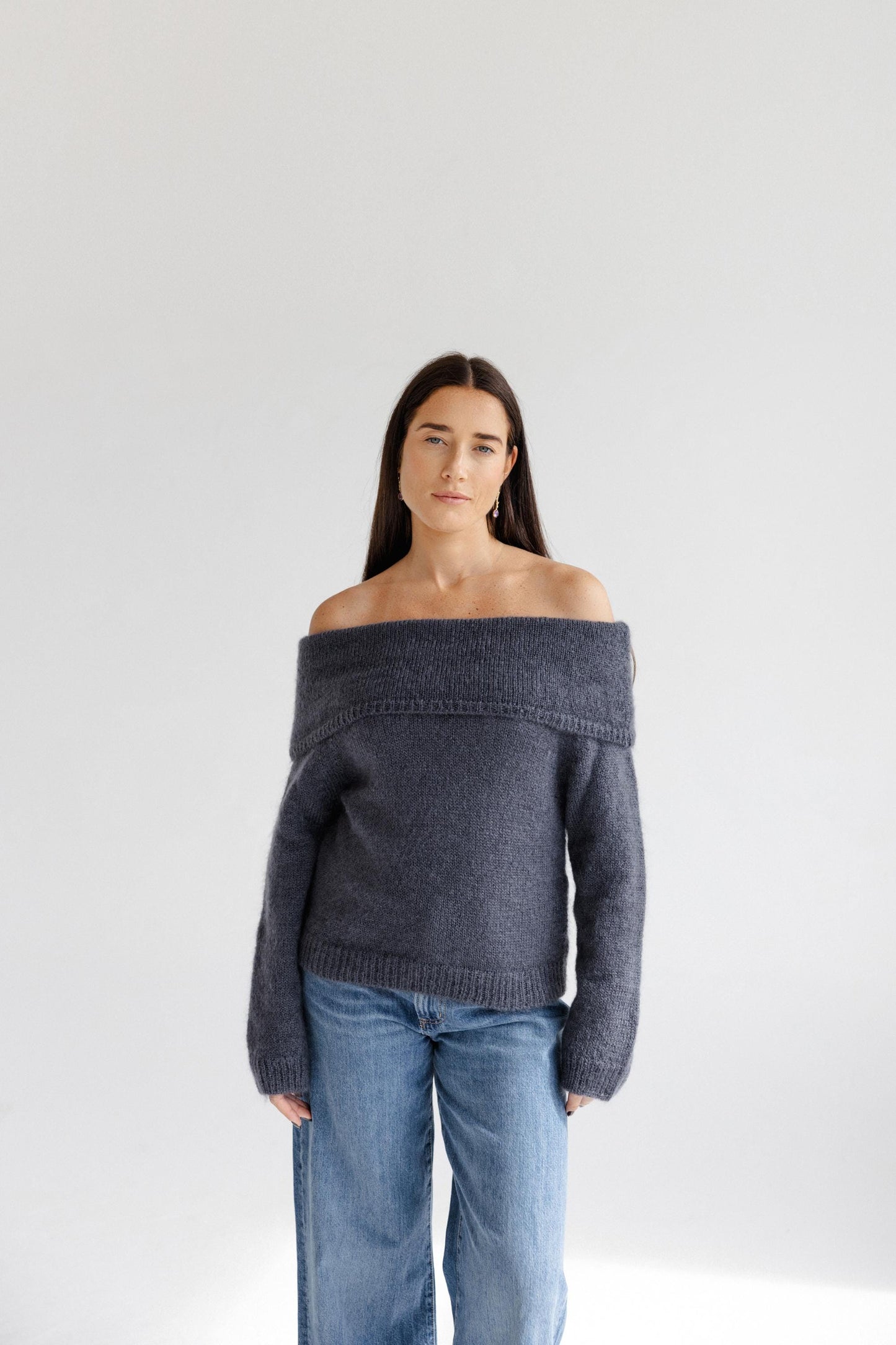 Gray Cable Knit Off-Shoulder Sweater, Slouchy Fold-Over Bardot Jumper, Fluffy Mohair Wool Pullover, Grey Chunky Fuzzy Knit for Women, Gift