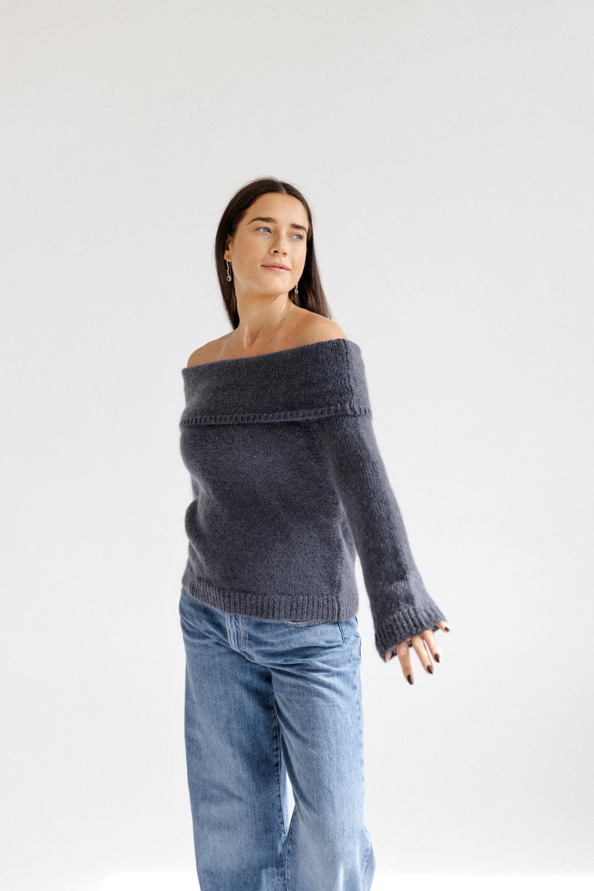 Gray Cable Knit Off-Shoulder Sweater, Slouchy Fold-Over Bardot Jumper, Fluffy Mohair Wool Pullover, Grey Chunky Fuzzy Knit for Women, Gift