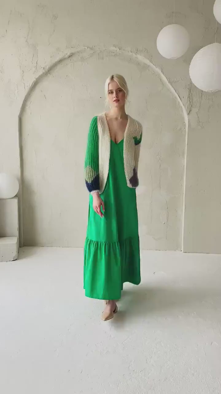 White mohair hand knit cardigan, cable knitted alpaca wool sweater, oversized purple coloured fluffy bomber, green fuzzy chunky strickjacke