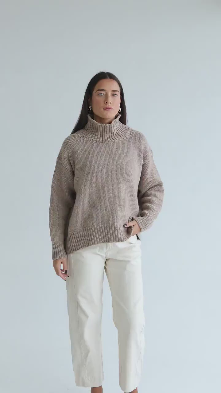 Camel Chunky Knitted Oversized Merino Wool Pullover With High Neck, Beige Cable Knit Woolen Turtleneck Sweater With Longer Back,Taupe Jumper