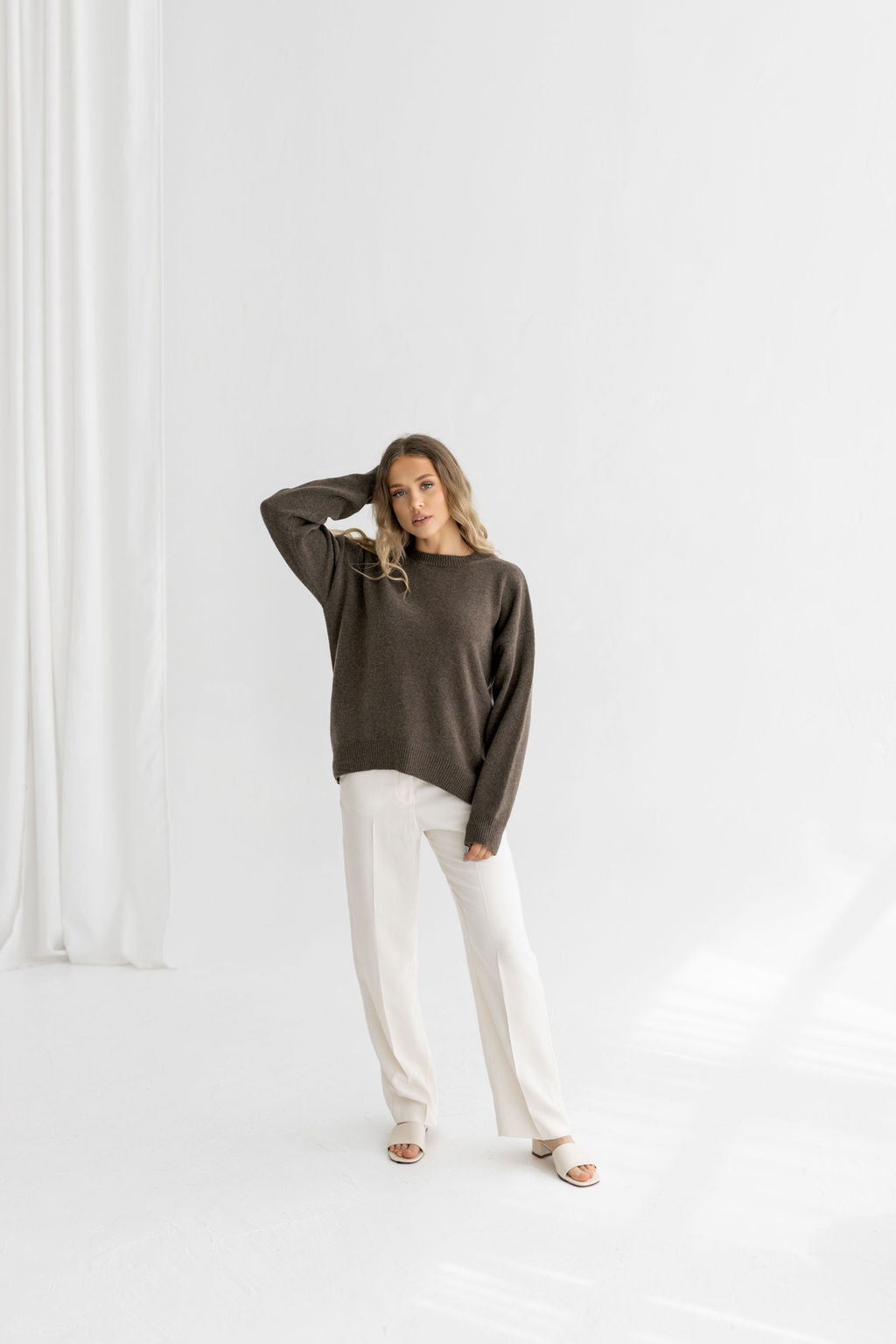 Brown knitted merino wool sweater for women, coffee brown oversized women's knit minimalist pullover with longer back, jumper for her, gift
