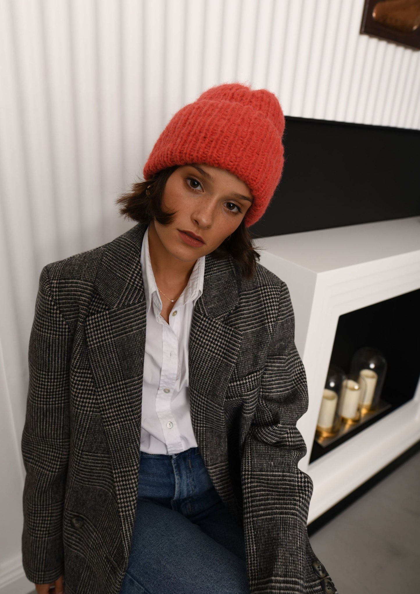 Coral pink cable knit alpaca hat, peach pink woman knitted cap, winter wool beanie, salmon red rib knit ribbed beanie, gift for Christmas
