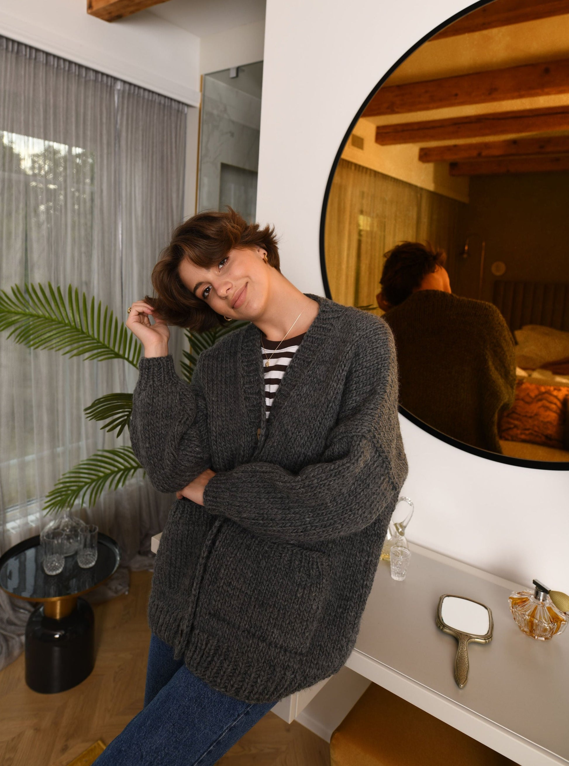 Grey Bottoned Wool Cardigan With Pockets