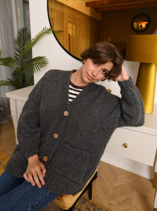 Gray Bottoned Wool Cardigan With Pockets