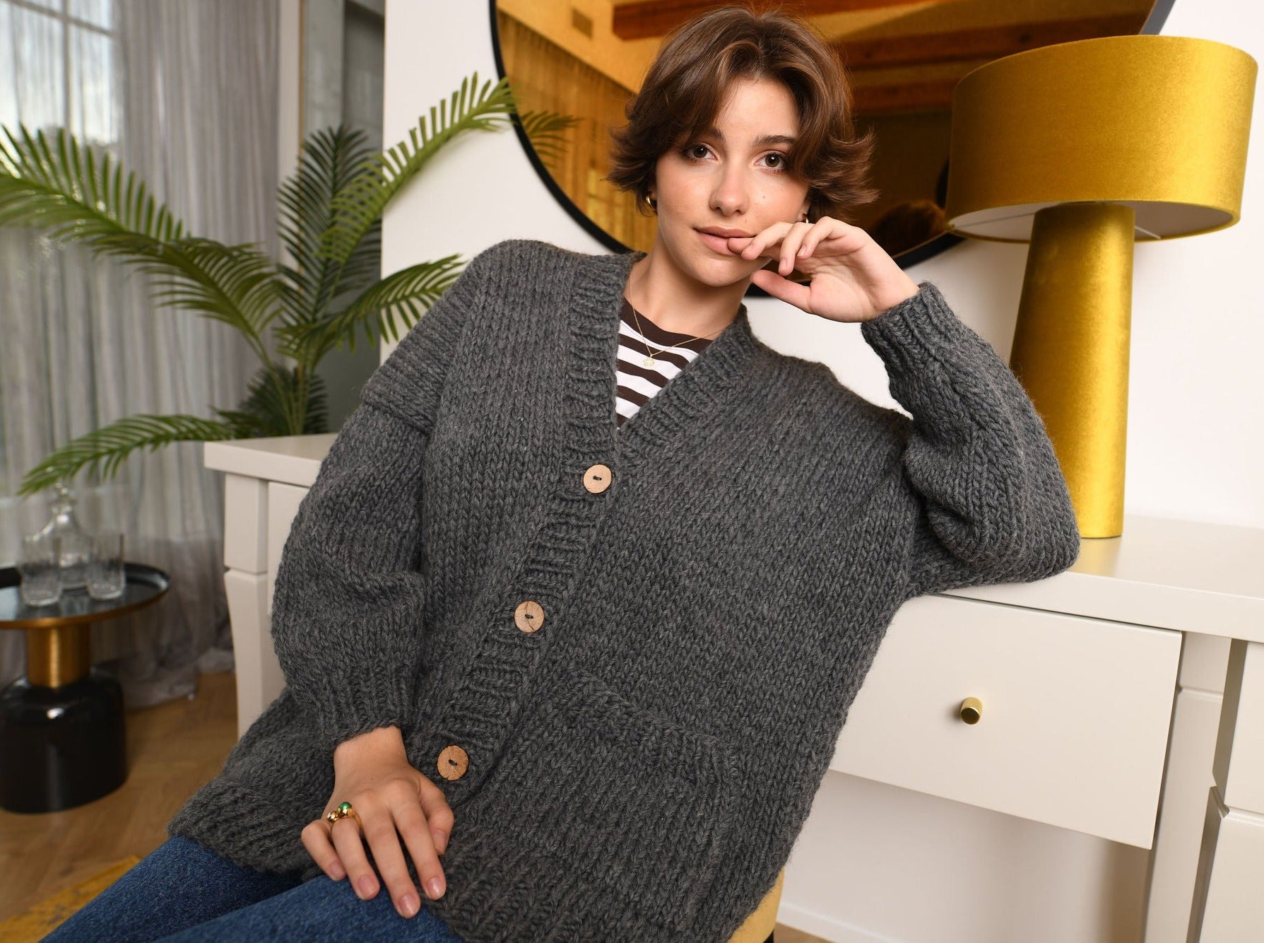 Grey Bottoned Wool Cardigan With Pockets