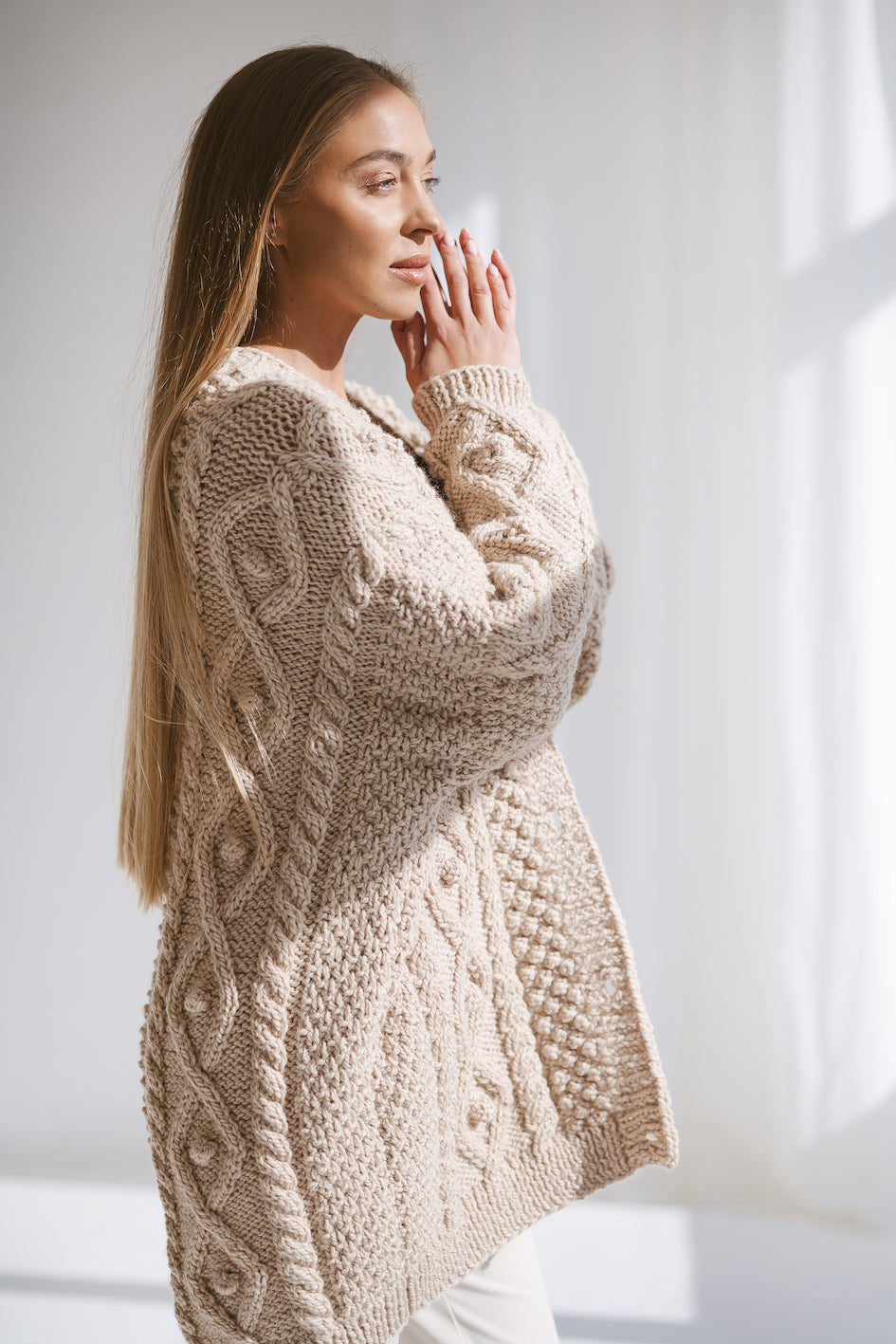 Beige Bottoned Chunky Knit Cardigan
