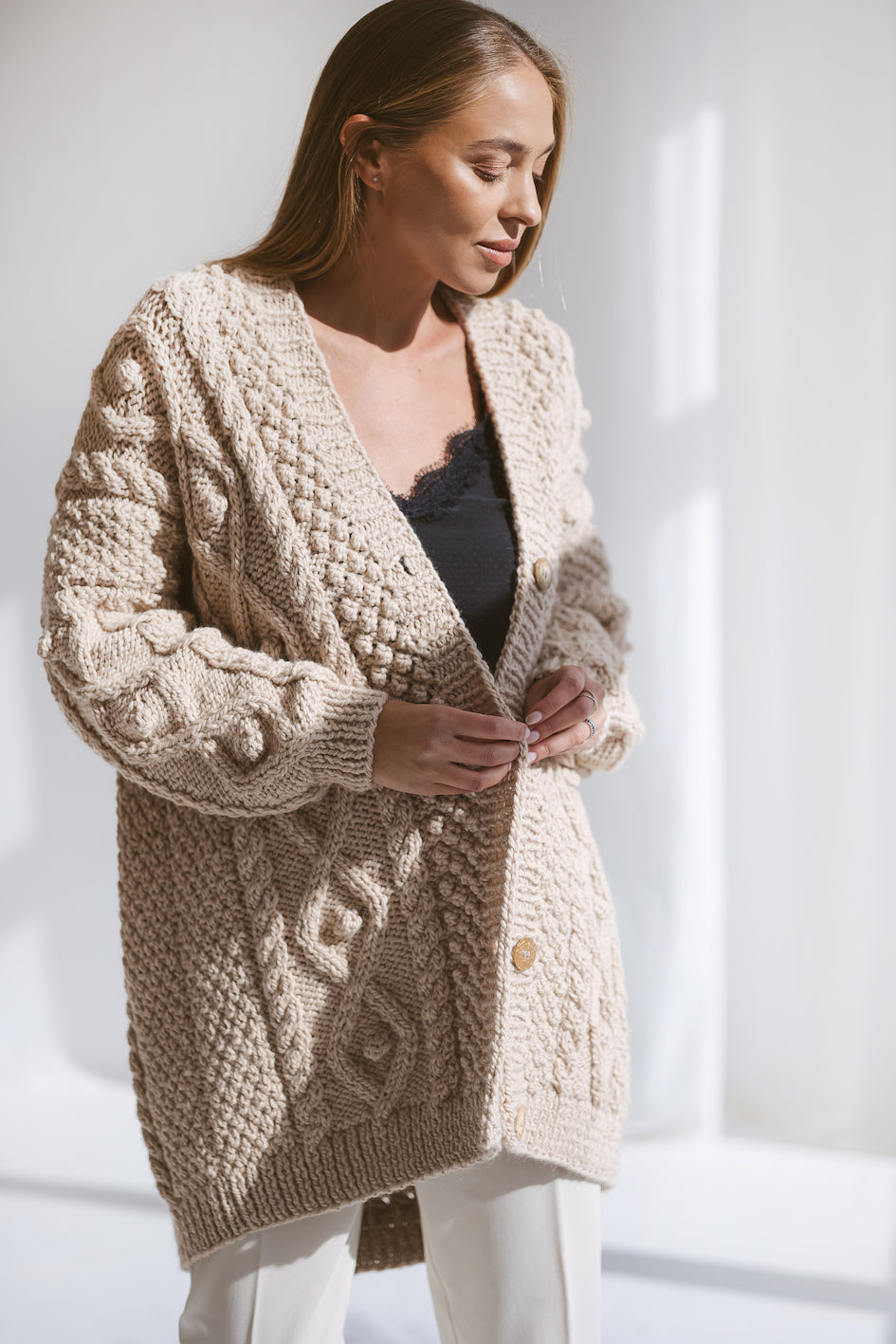Beige Bottoned Chunky Knit Cardigan