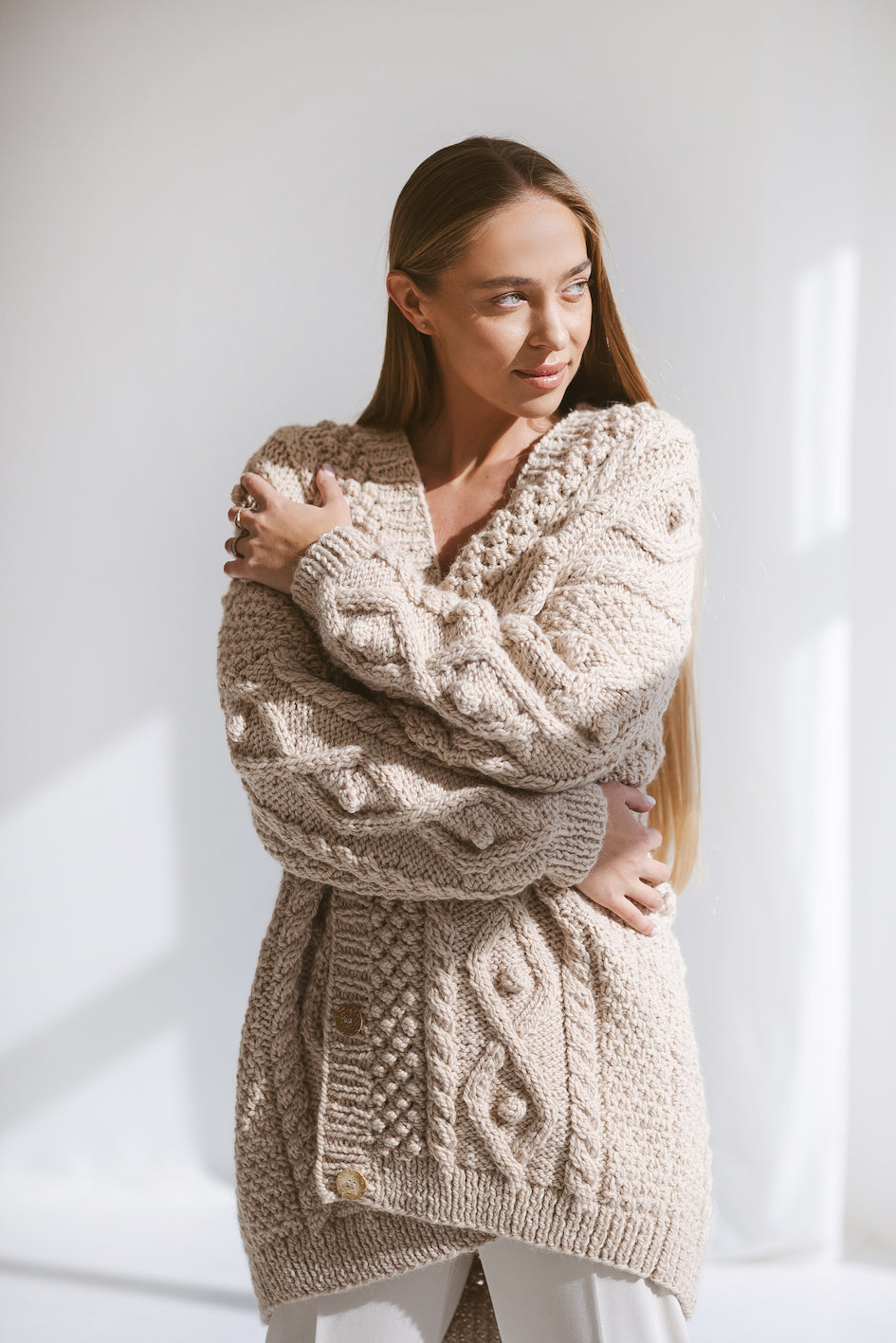 Beige Bottoned Chunky Knit Cardigan