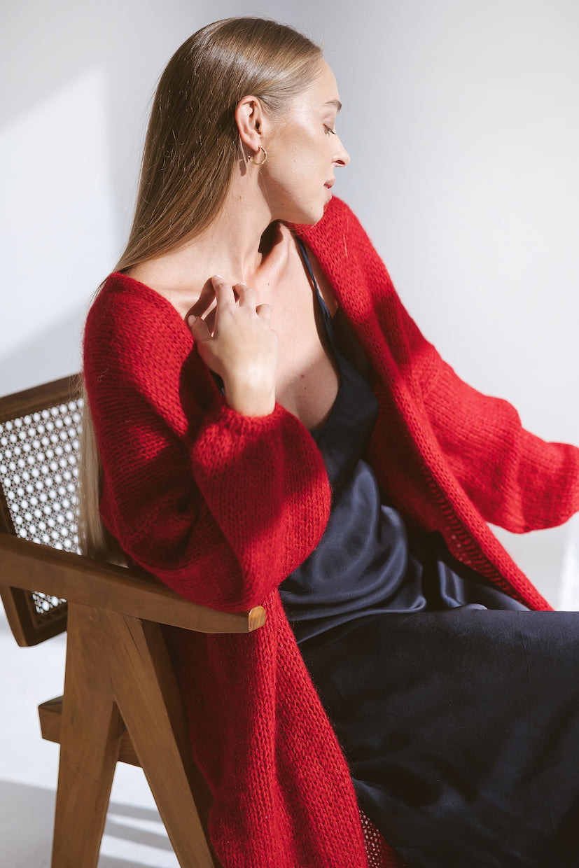 Long red mohair cardigan