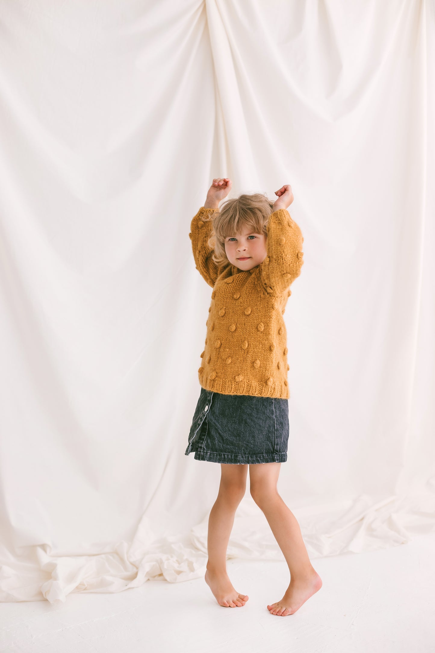 Mustard popcorn cable knit childrens sweater