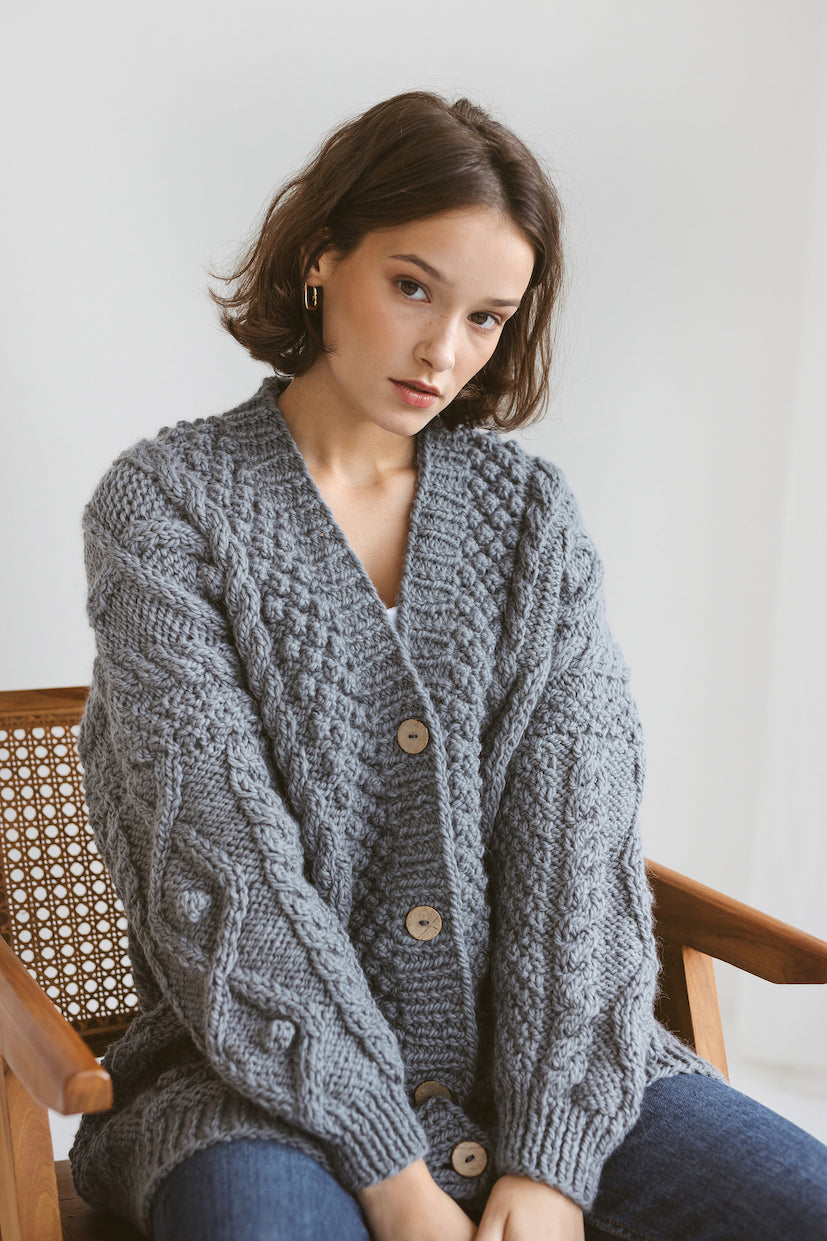 Gray Bottoned Chunky Knit Cardigan