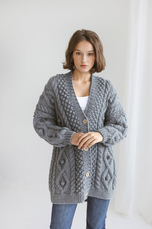 Gray Bottoned Chunky Knit Cardigan
