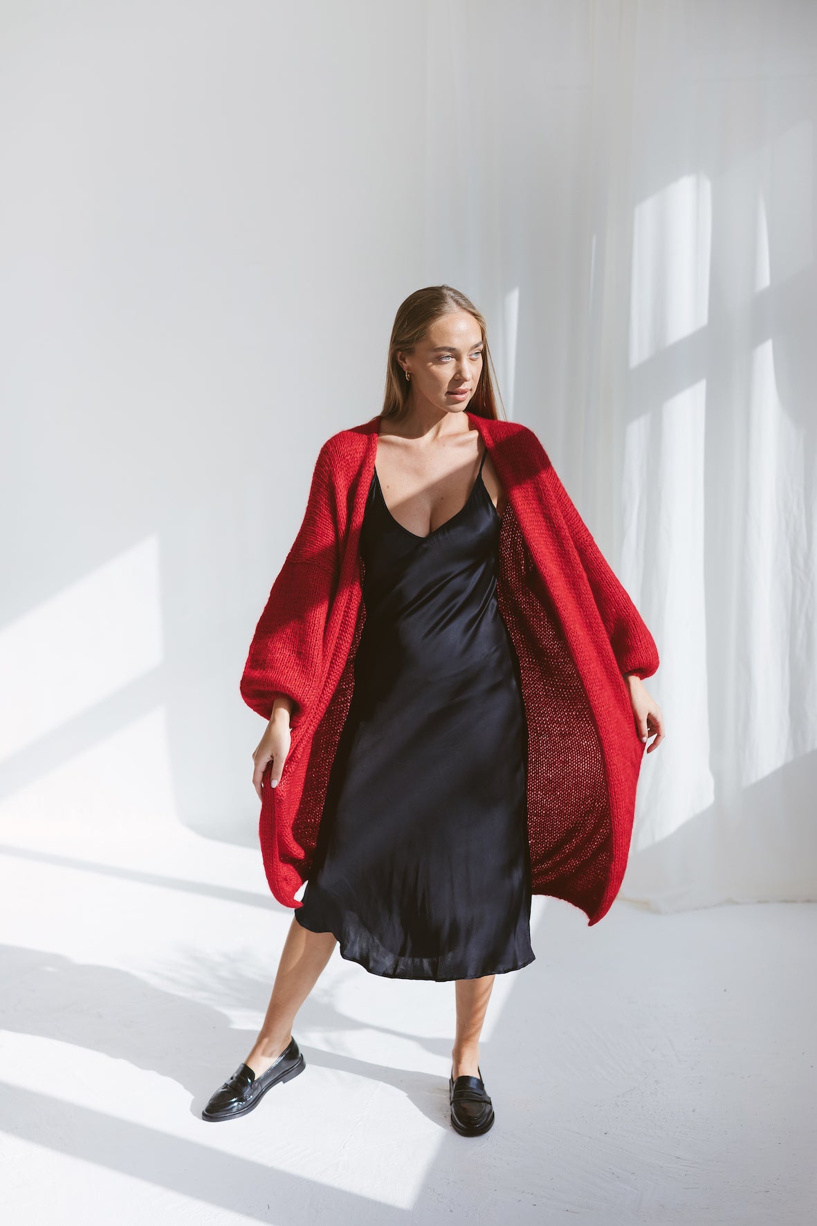 Long red mohair cardigan
