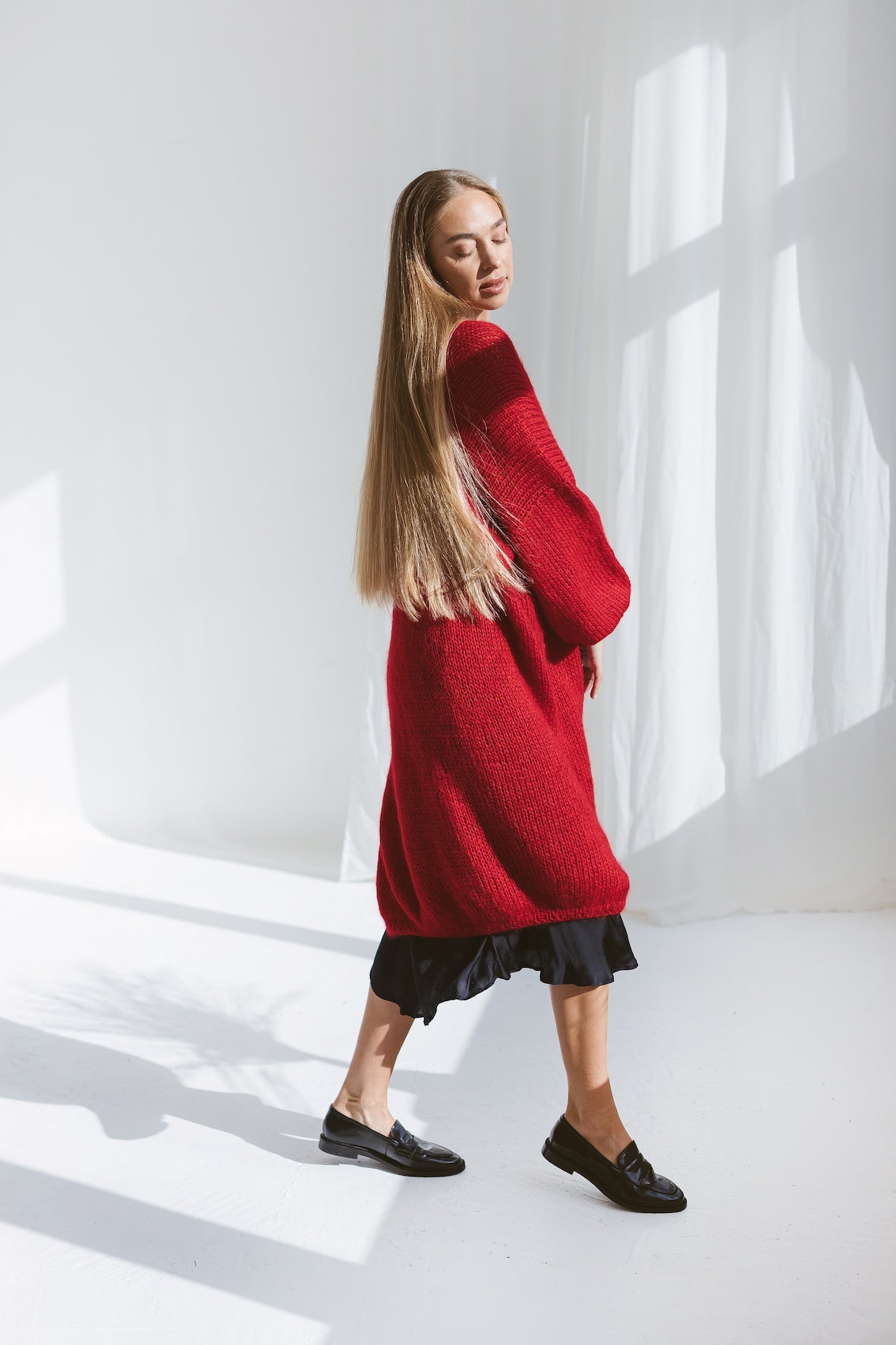 Long red mohair cardigan