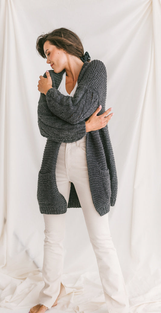 Dark Gray Chunky Knit Cardigan With Deep Pockets