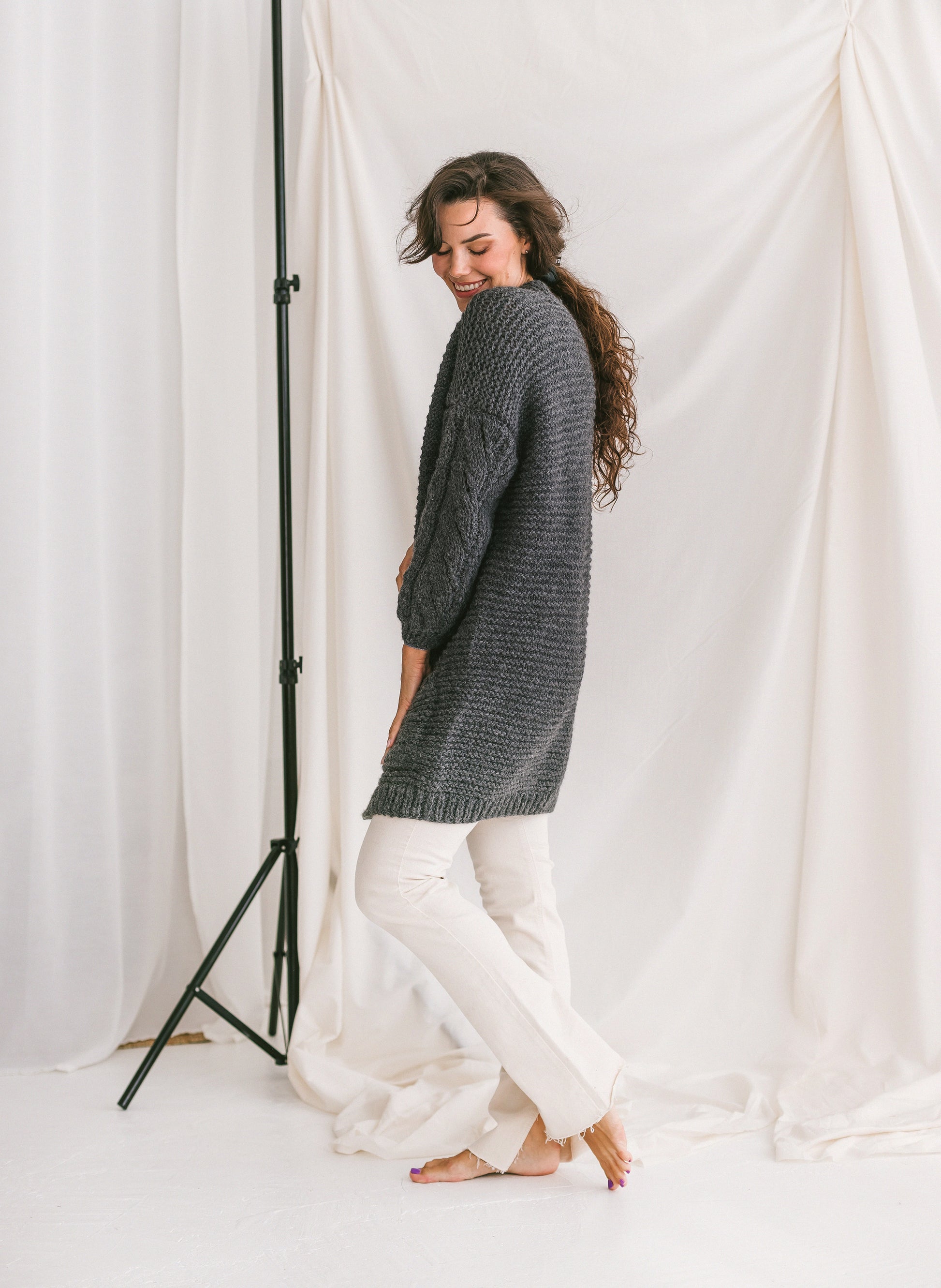Dark Gray Chunky Knit Cardigan With Deep Pockets