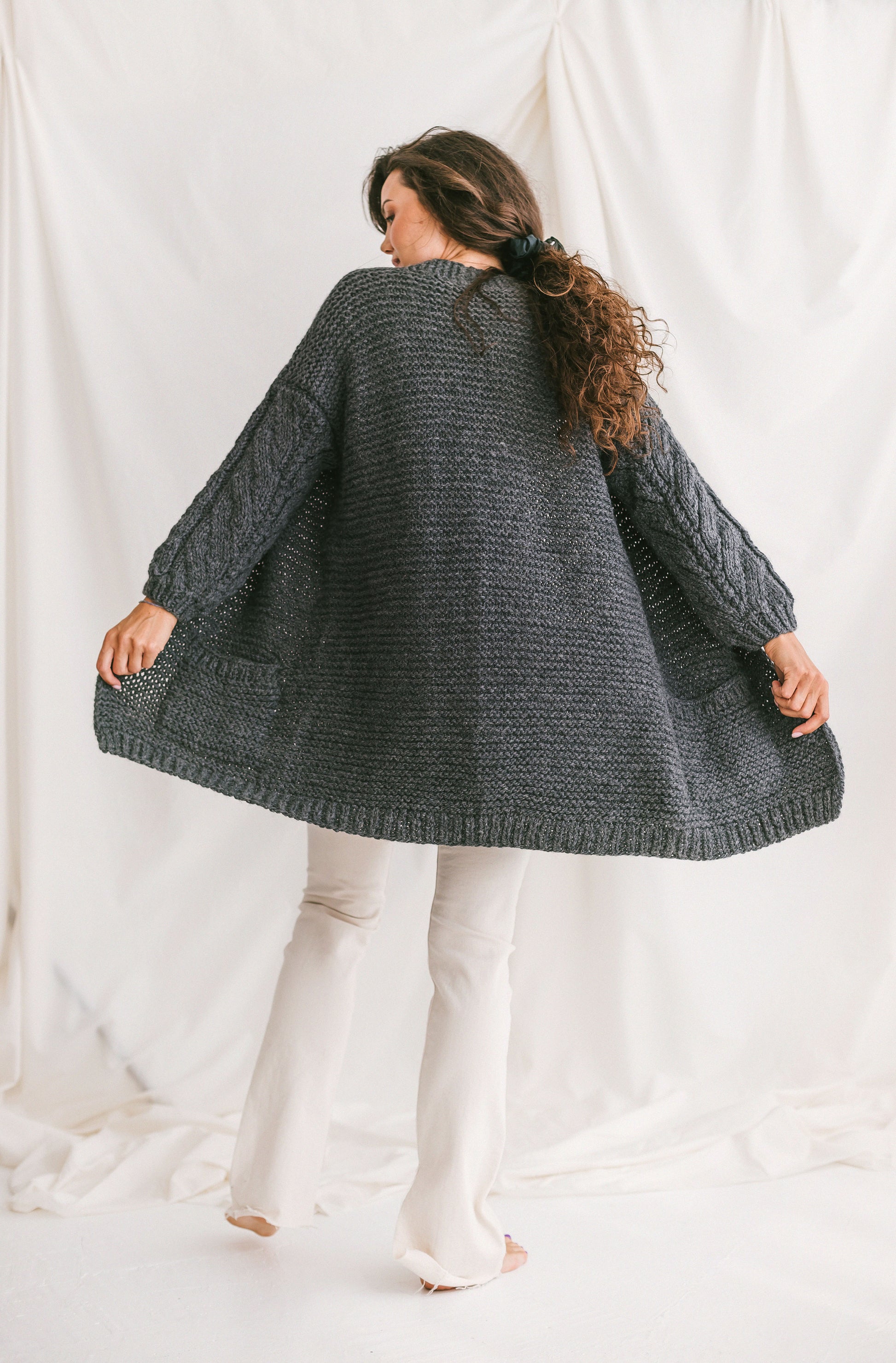 Dark Gray Chunky Knit Cardigan With Deep Pockets