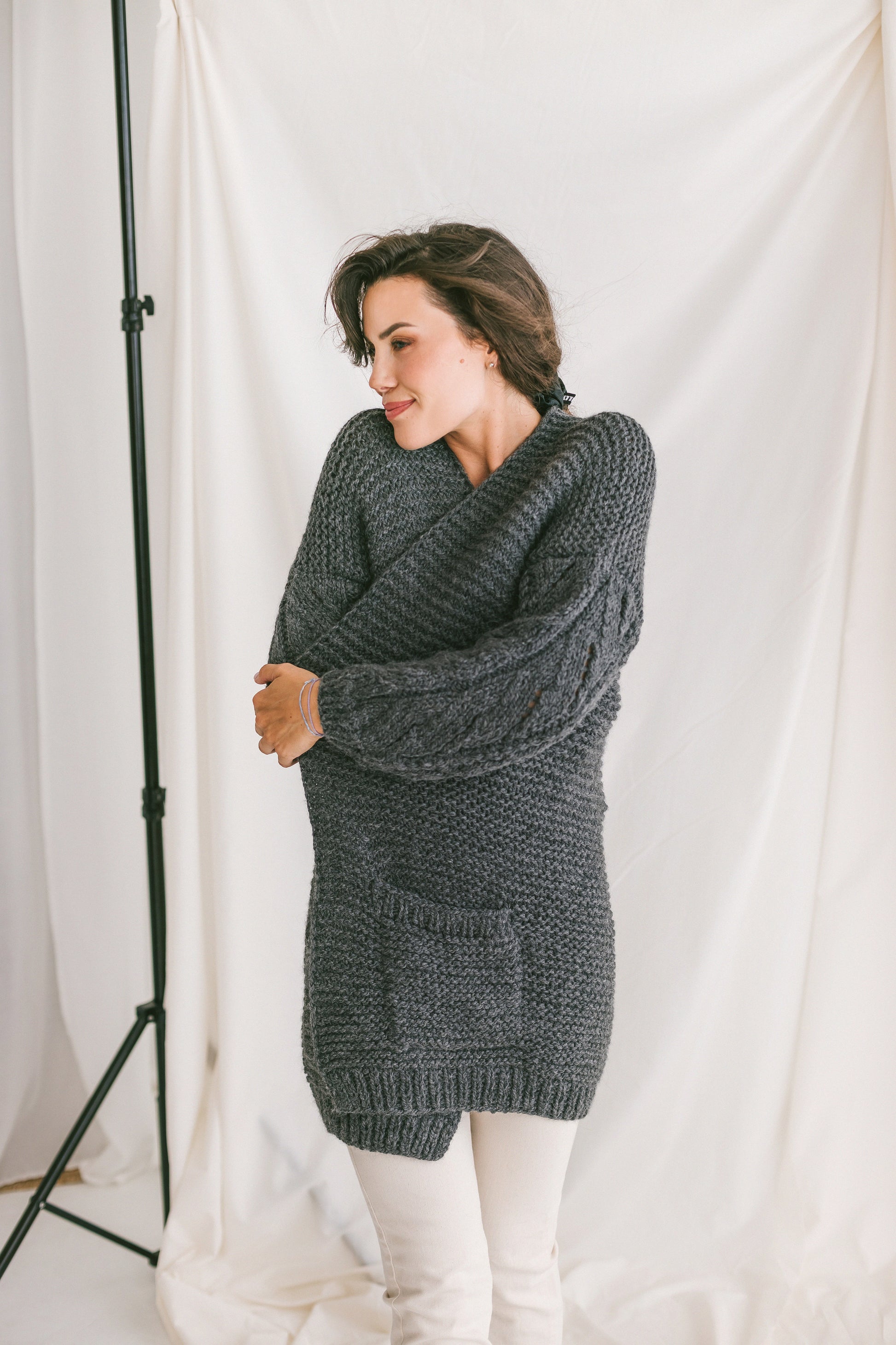 Dark Grey Chunky Knit Cardigan With Deep Pockets