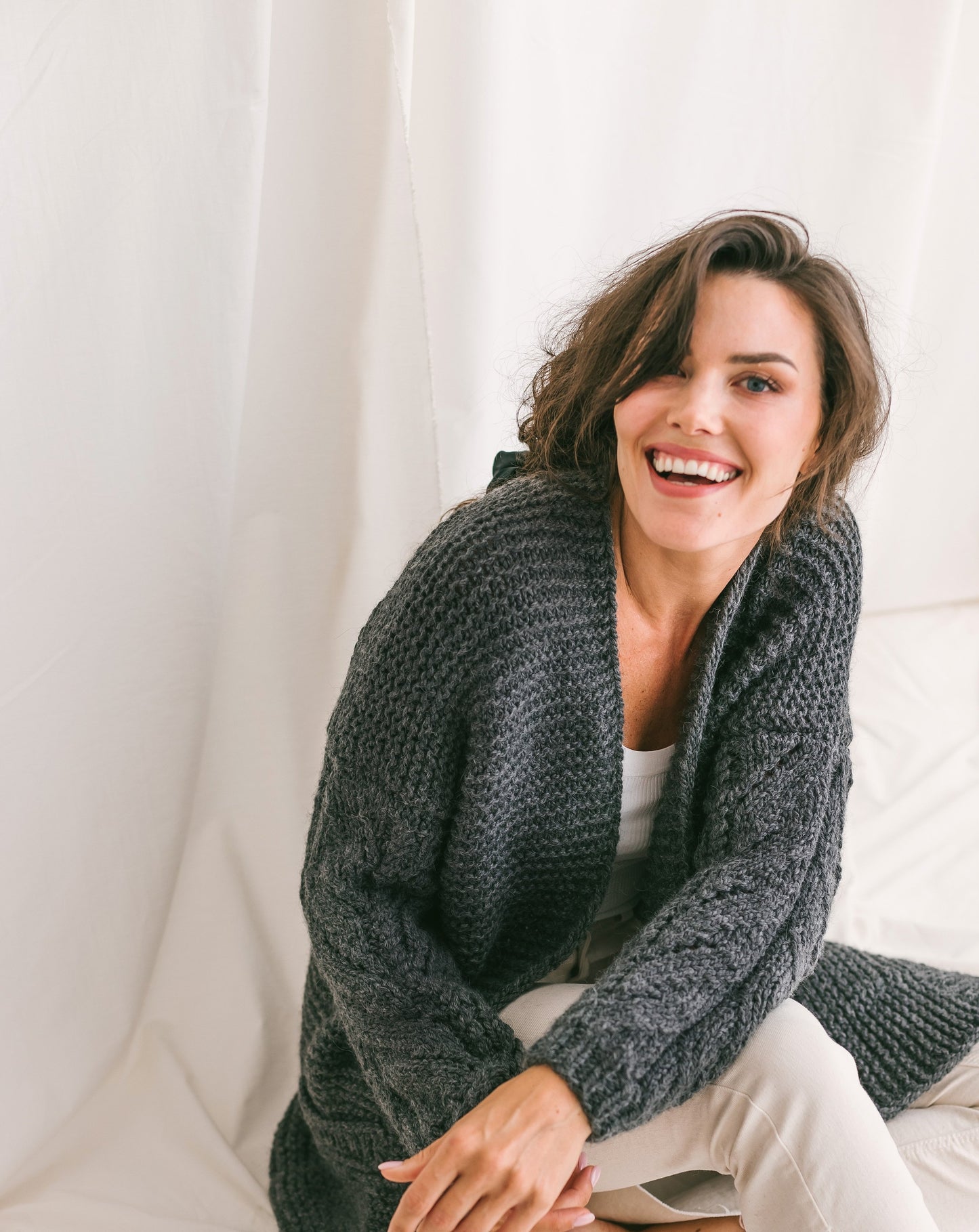 Dark Gray Chunky Knit Cardigan With Deep Pockets
