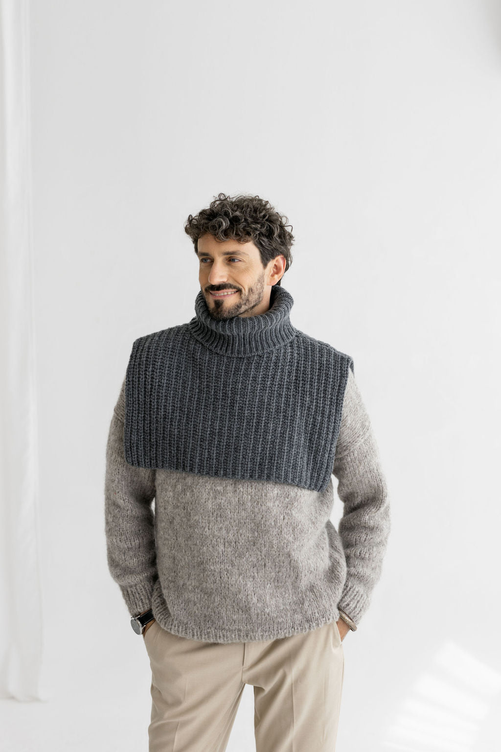 Chunky Knit Gray Merino Wool Men's Neck Warmer, Warm Grey Ribbed Knitted Minimal Fall Winter Scarf, Taupe Unisex Neck Wrap, Gift For Him