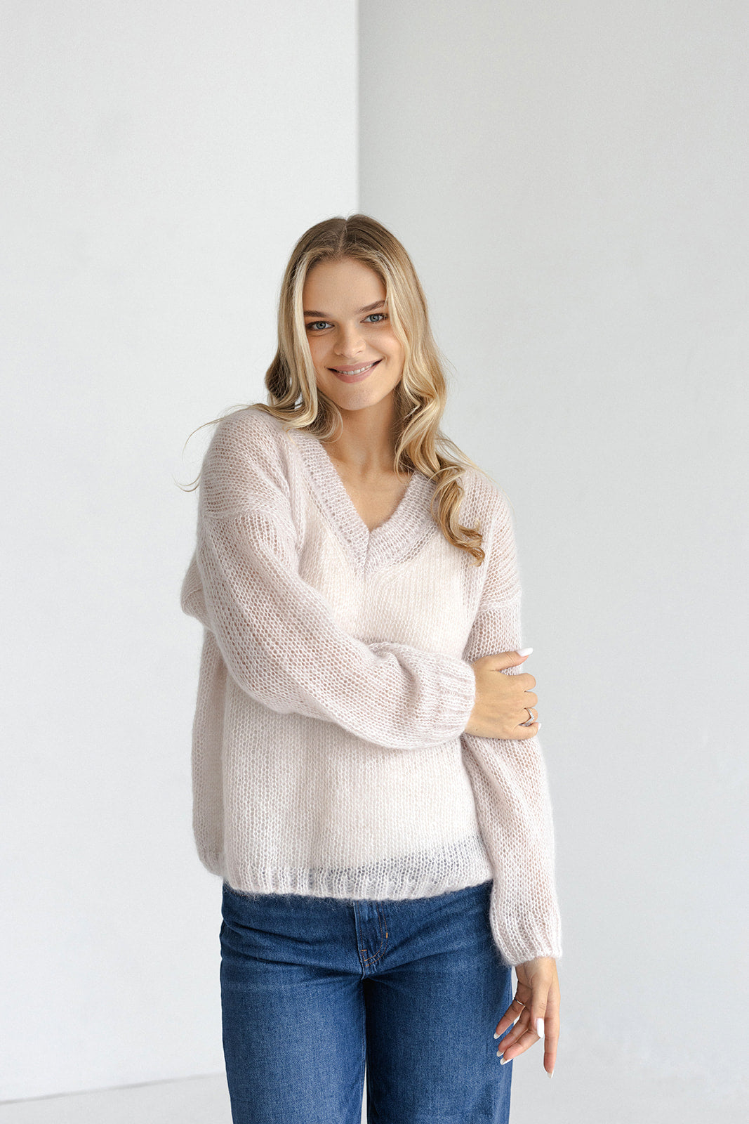 Pastel cable knit fluffy mohair wool and silk blend jumper, pale pink chunky knitted fall oversized pullover, fuzzy nude V-neck sweater pull