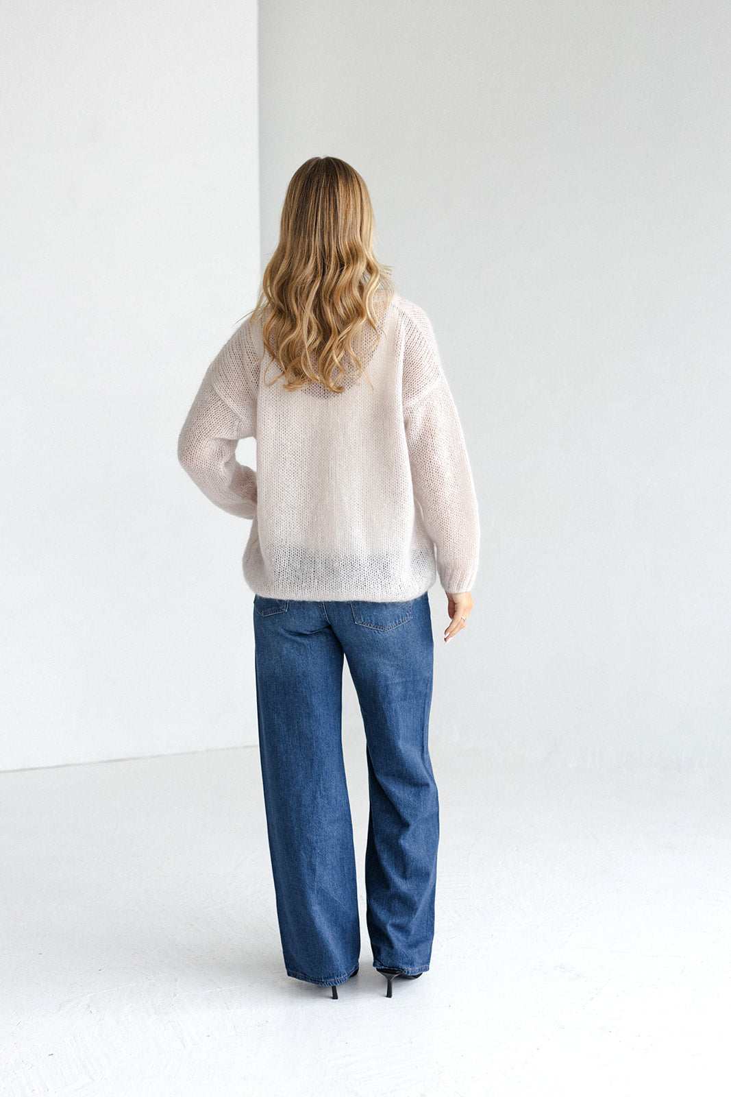 Pastel cable knit fluffy mohair wool and silk blend jumper, pale pink chunky knitted fall oversized pullover, fuzzy nude V-neck sweater pull