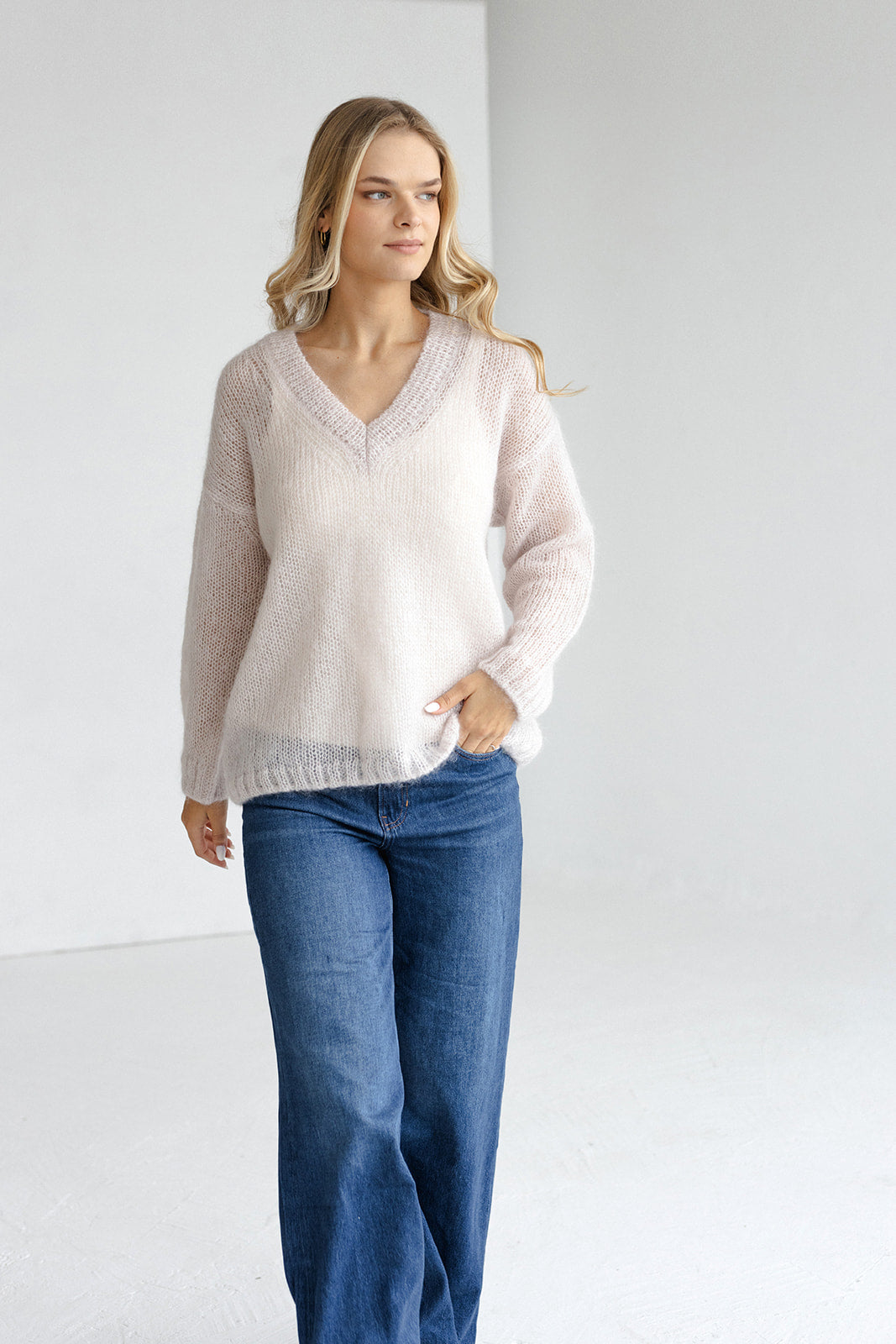 Pastel cable knit fluffy mohair wool and silk blend jumper, pale pink chunky knitted fall oversized pullover, fuzzy nude V-neck sweater pull