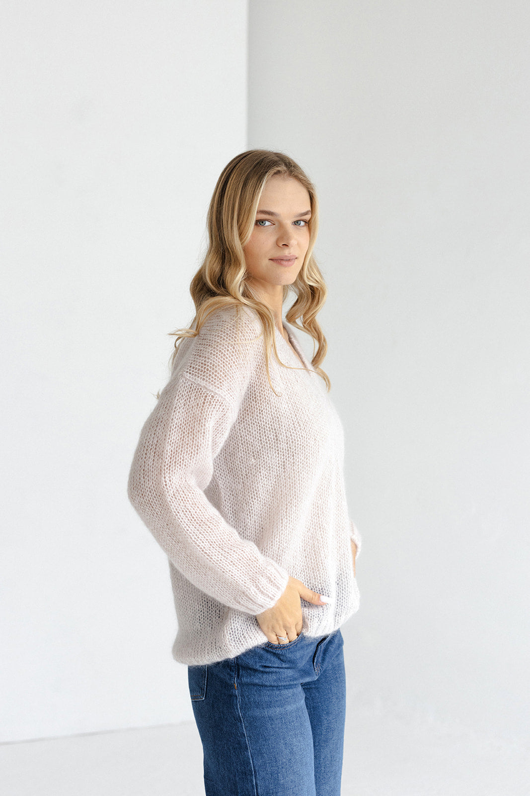 Pastel cable knit fluffy mohair wool and silk blend jumper, pale pink chunky knitted fall oversized pullover, fuzzy nude V-neck sweater pull