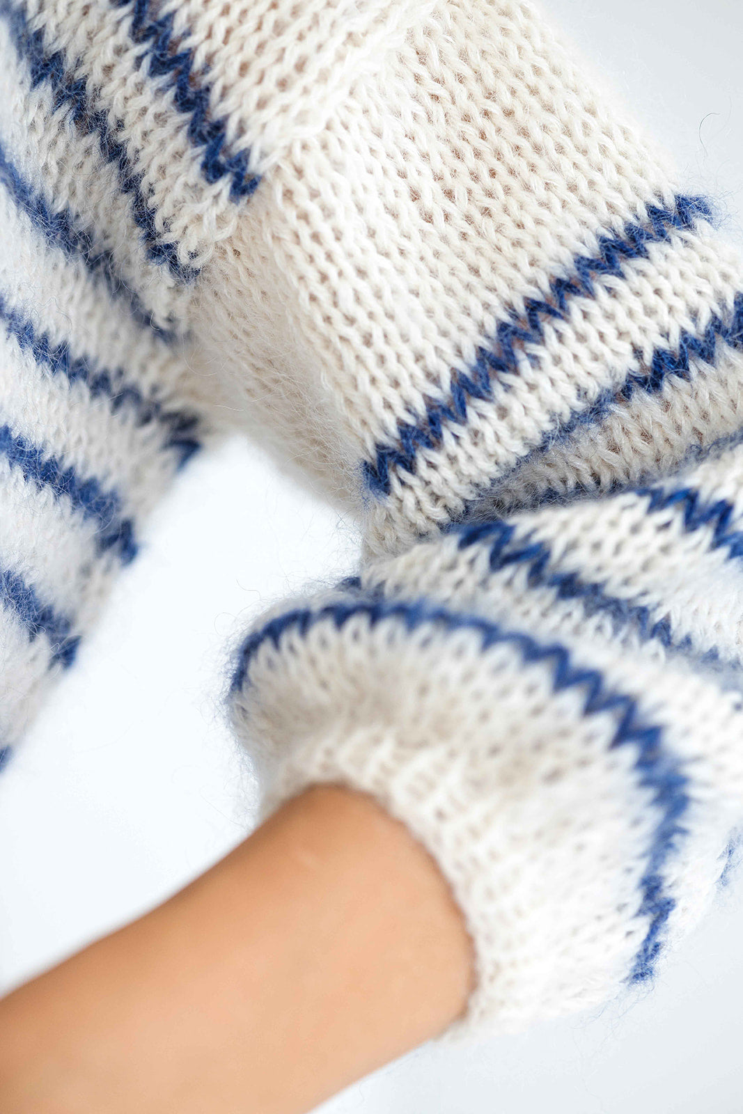 Striped white and blue mohair sweater, cable knit alpaca wool blend woman jumper, hand knitted slightly oversized pullover, fluffy mohair