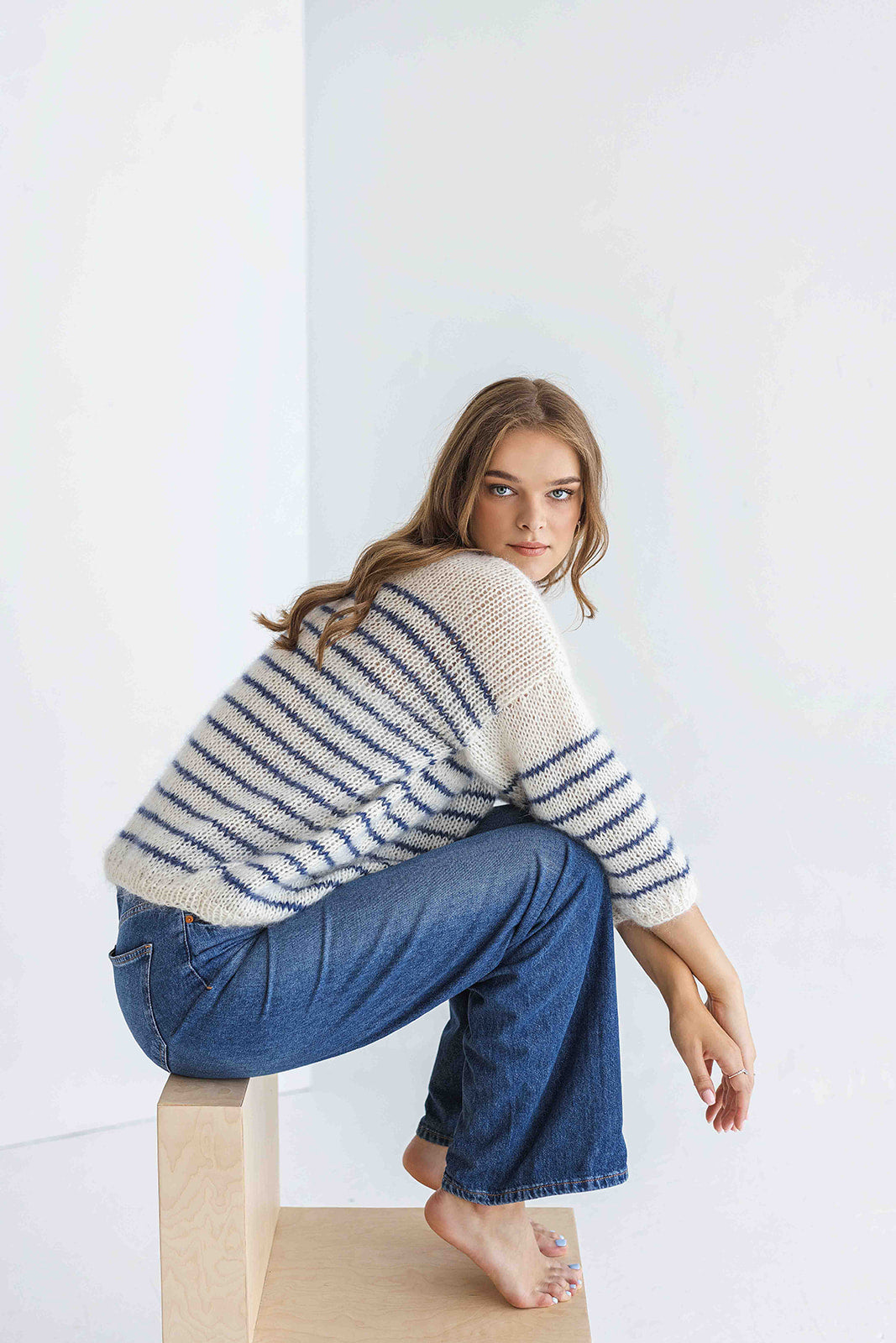 Striped white and blue mohair sweater, cable knit alpaca wool blend woman jumper, hand knitted slightly oversized pullover, fluffy mohair