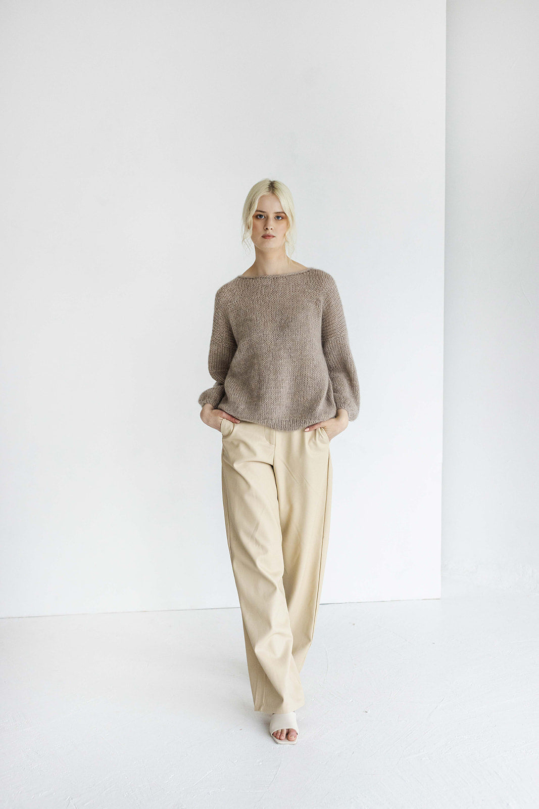 Beige mohair knitted thick sweater, camel alpaca wool blend jumper, taupe fuzzy cable knit pullover, creamy fluffy slightly oversized pull