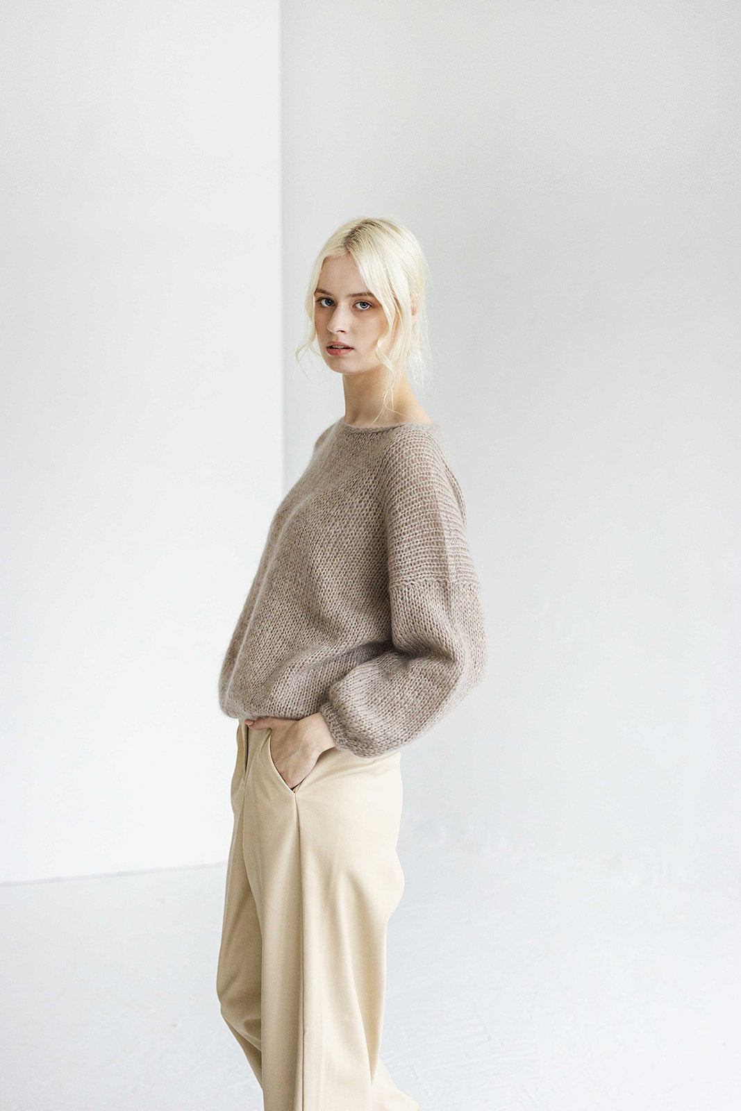 Beige mohair knitted thick sweater, camel alpaca wool blend jumper, taupe fuzzy cable knit pullover, creamy fluffy slightly oversized pull