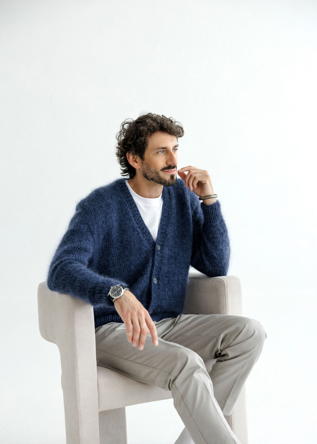 Blue Fluffy Mohair Men's Cardigan With Buttons