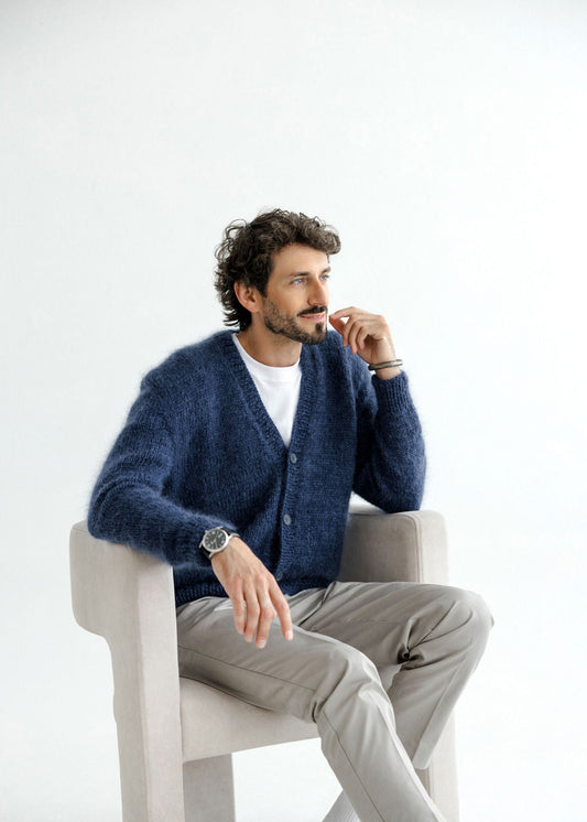 Blue Fluffy Mohair Men's Cardigan With Buttons