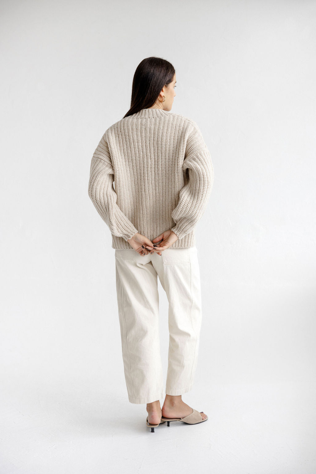 Chunky Knitted Beige Merino Wool Women's Cardigan, Taupe Open Front Cable Knit Woolen Sweater For Women, Nude Minimal Ribbed Bomber Jacket
