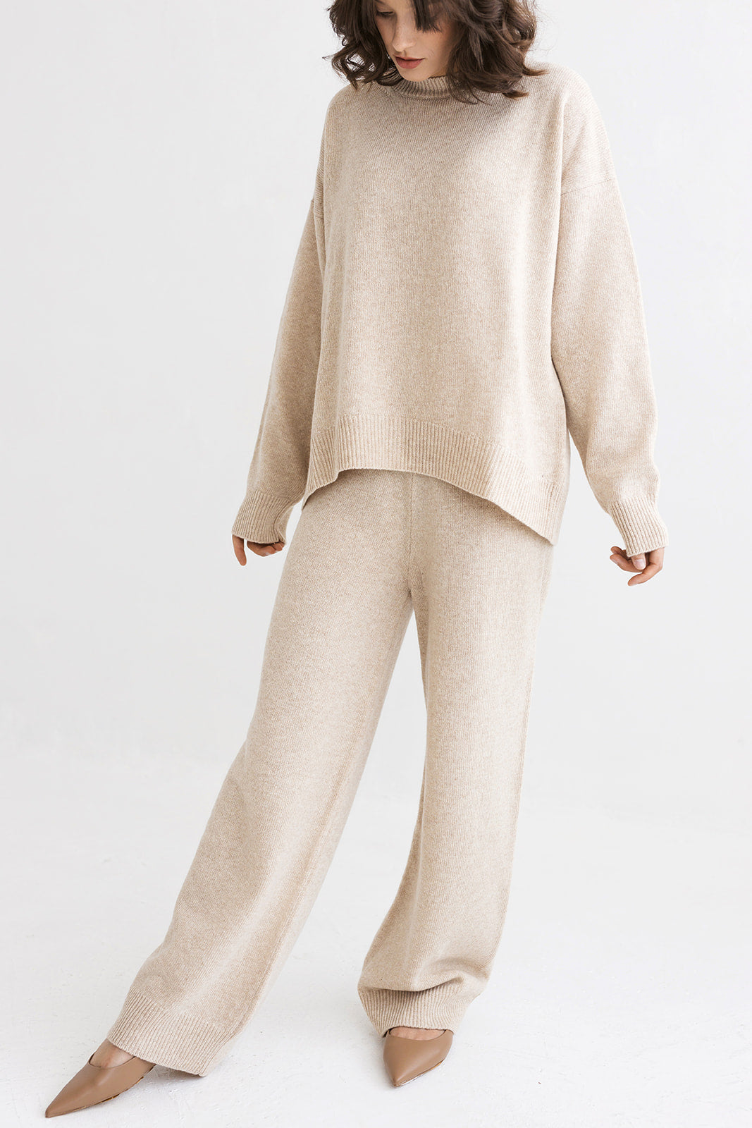 Beige knitted oversized merino wool sweater and high waisted pants loungewear set, taupe knit relaxed style pullover and wide leg trousers