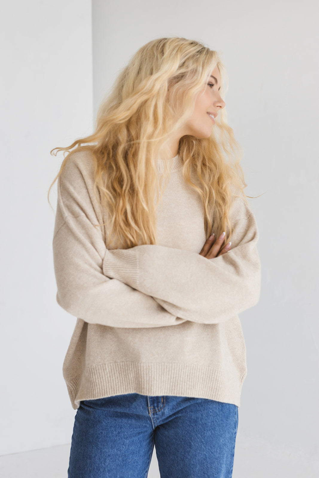 Beige knitted merino wool sweater for women, taupe women's knit minimalist pullover with longer back, camel minimal jumper, pastel fall pull