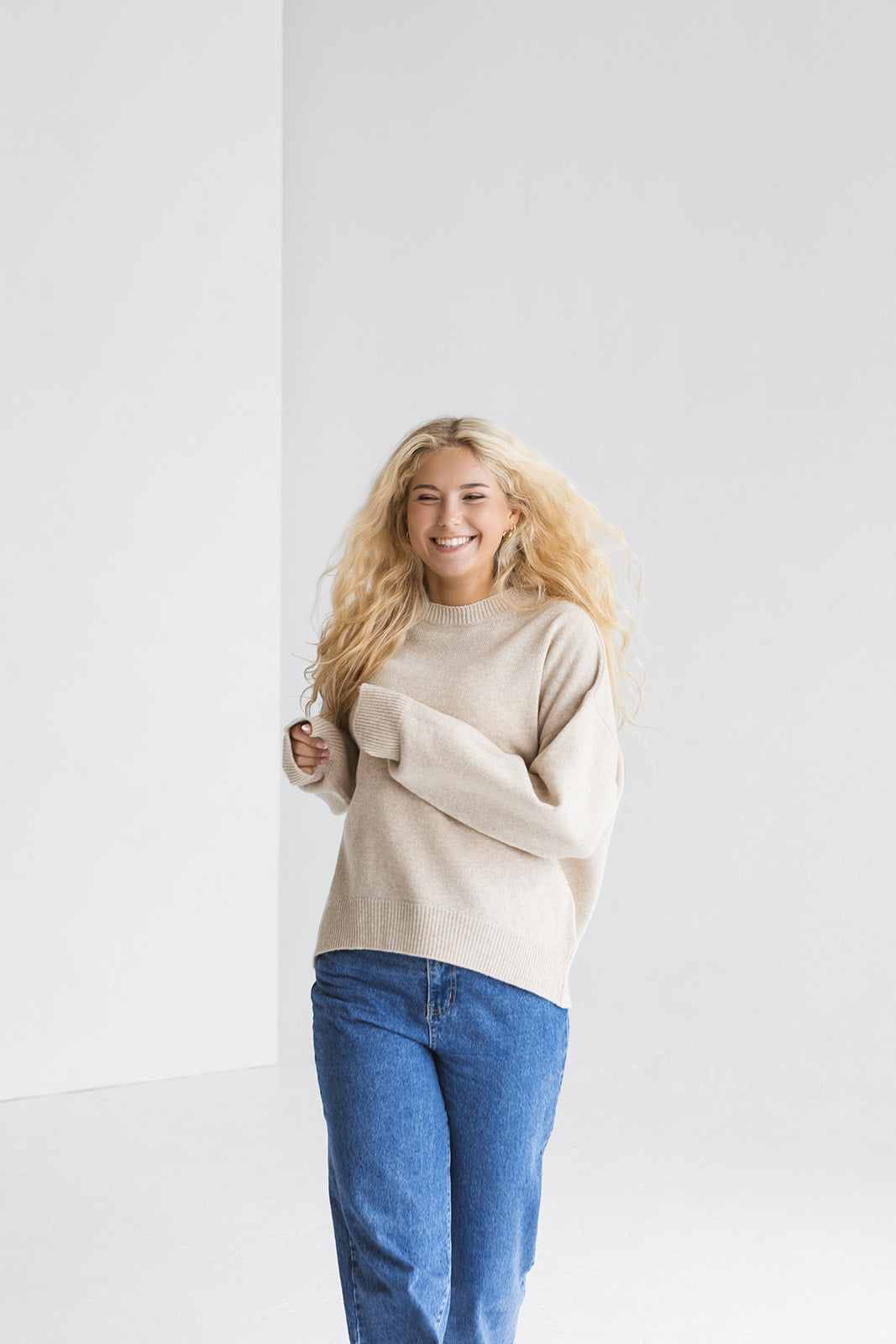 Beige knitted merino wool sweater for women, taupe women's knit minimalist pullover with longer back, camel minimal jumper, pastel fall pull