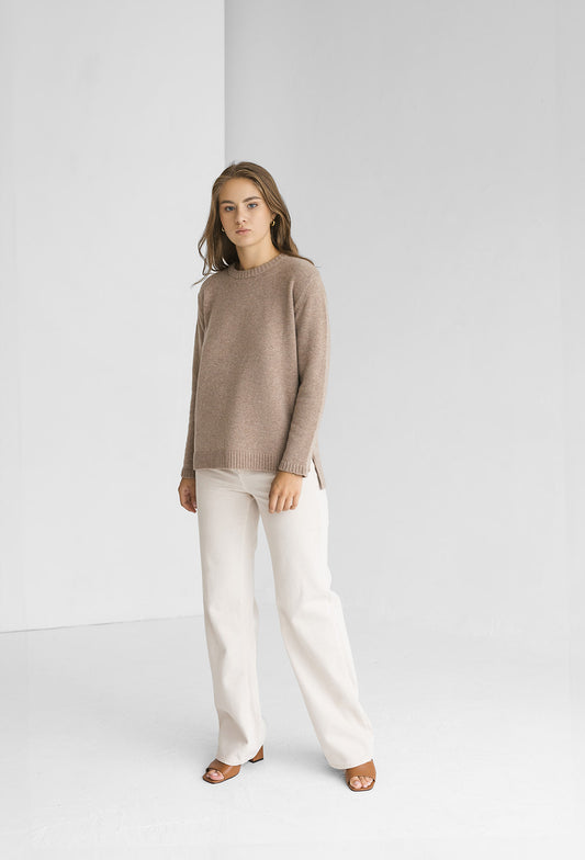 Beige knitted merino wool and cashmere sweater for women, taupe women's knit minimalist pullover with longer back, camel minimal jumper