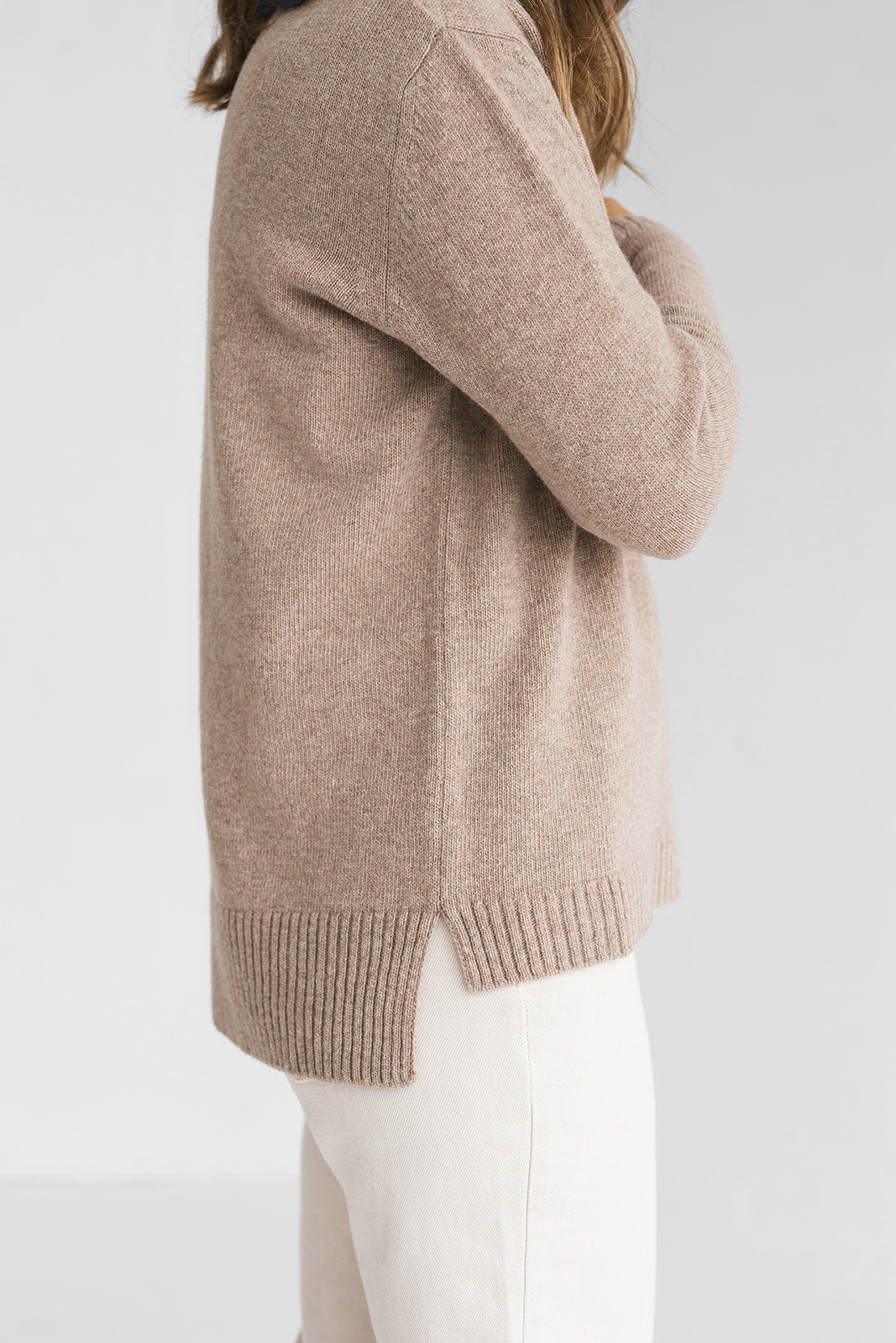 Beige knitted merino wool and cashmere sweater for women, taupe women's knit minimalist pullover with longer back, camel minimal jumper