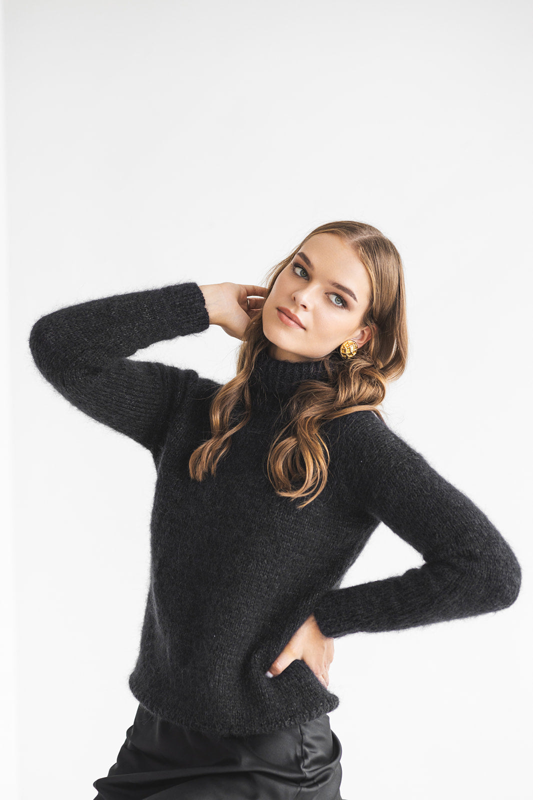 Black mohair knitted turtleneck sweater, thick alpaca wool blend pullover, fuzzy cable knit french jumper, chunky rollneck fluffy pull, gift