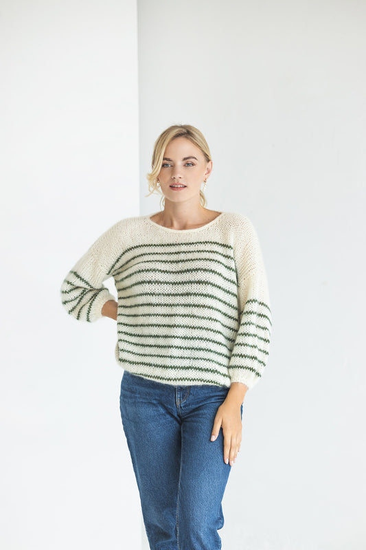 Striped white and green mohair sweater, cable knit alpaca wool blend woman jumper, chunky slightly oversized fluffy French stripes pullover