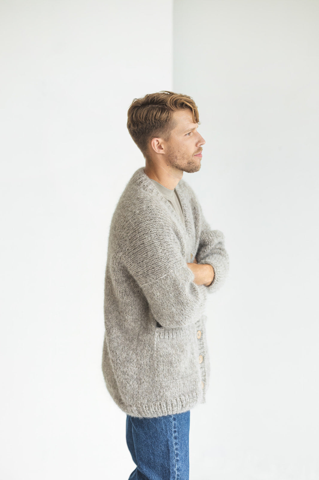 Men's knitted light gray alpaca wool cardigan, grey cable knit Scandinavian sweater for man, minimalist jacket with buttons, pockets for men