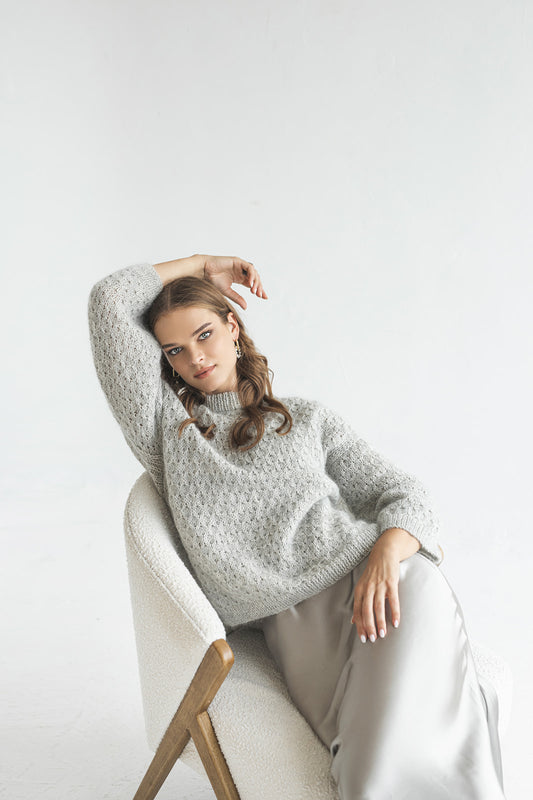 Gray mohair knitted sweater, wide sleeves, longer back alpaca wool blend jumper, fuzzy cable knit pullover, grey fluffy oversized thick pull